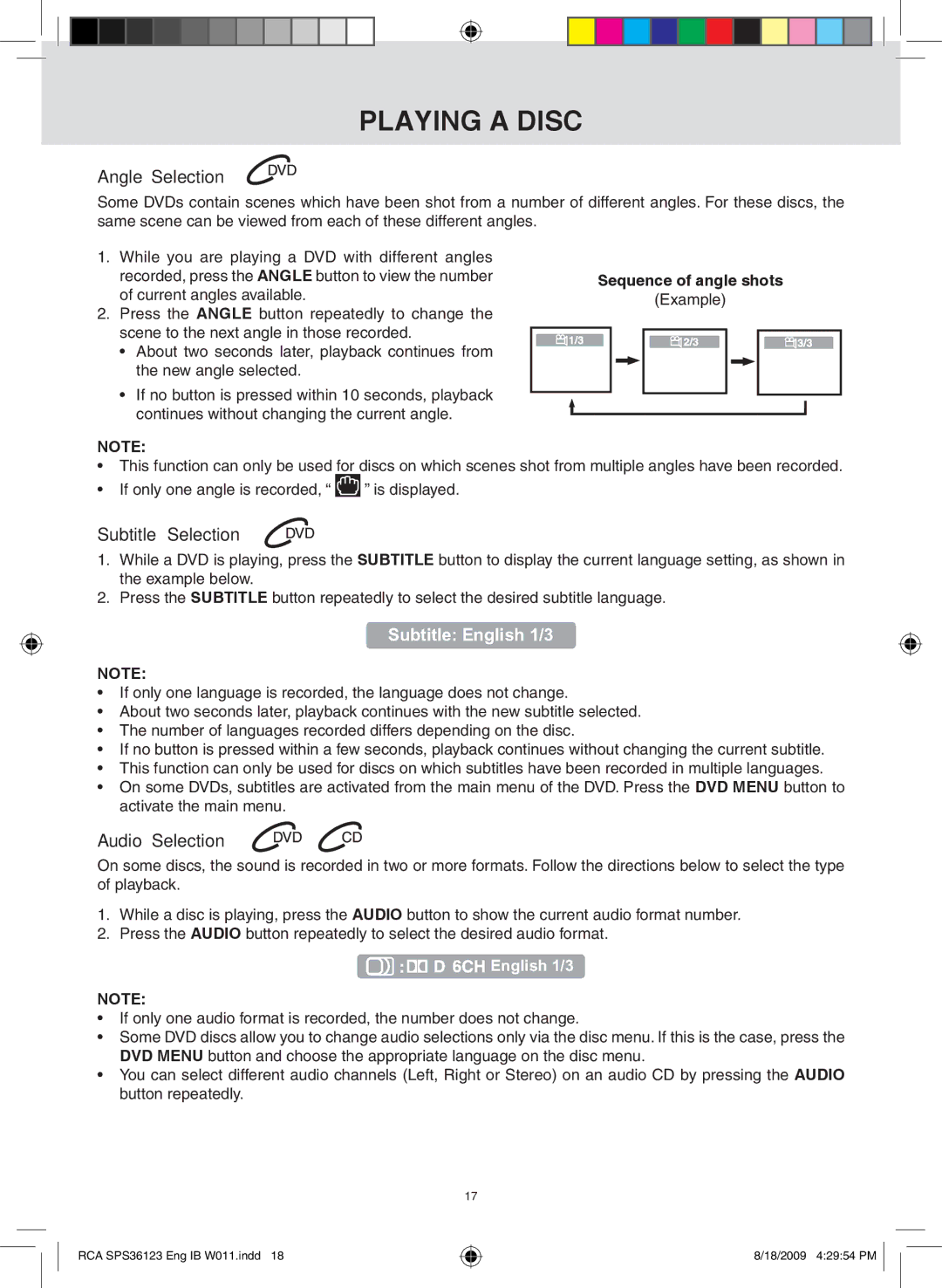 RCA SPS36123 owner manual Angle selection, Subtitle selection, Audio selection, Sequence of angle shots 