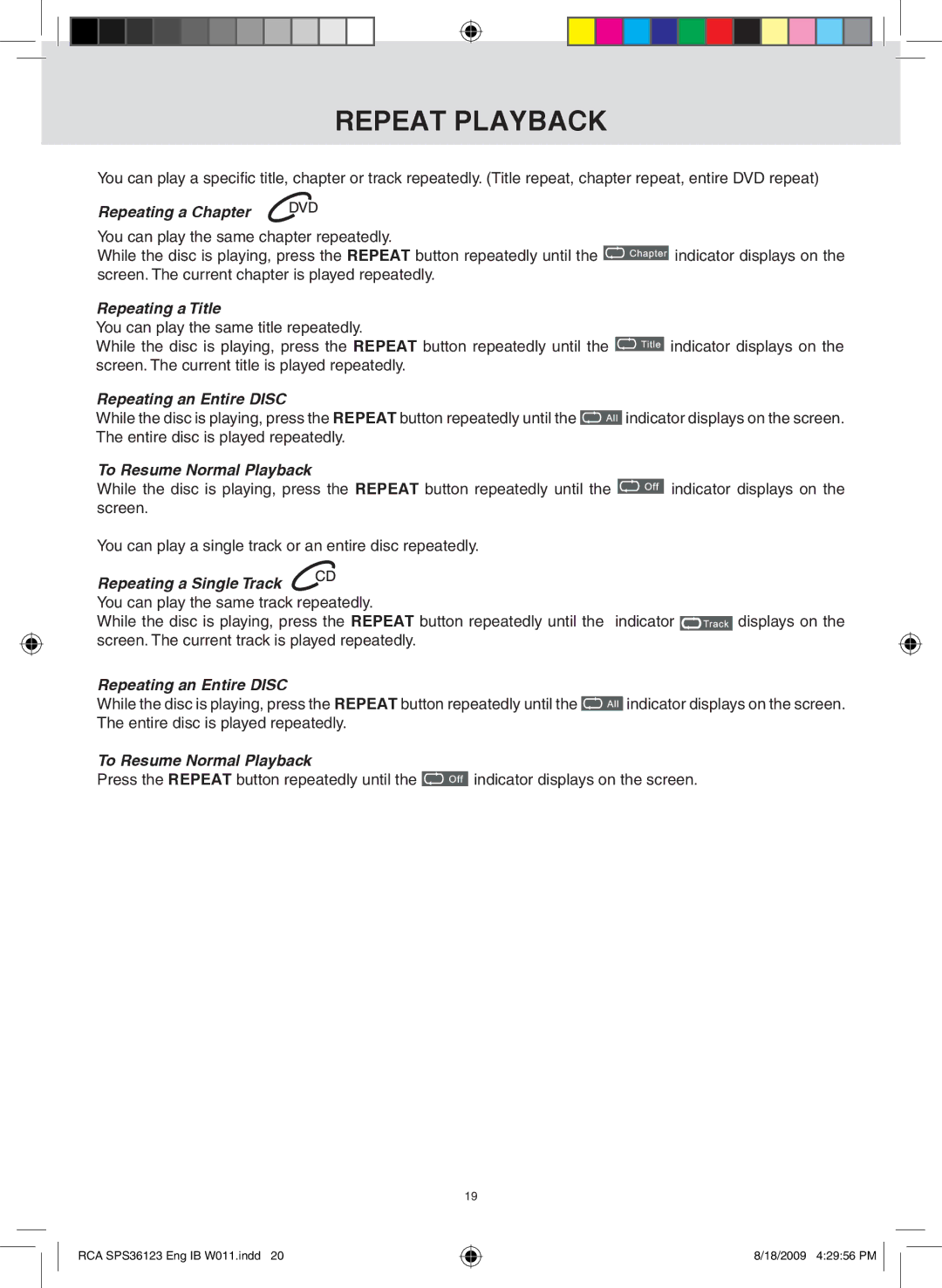 RCA SPS36123 owner manual Repeat Playback 