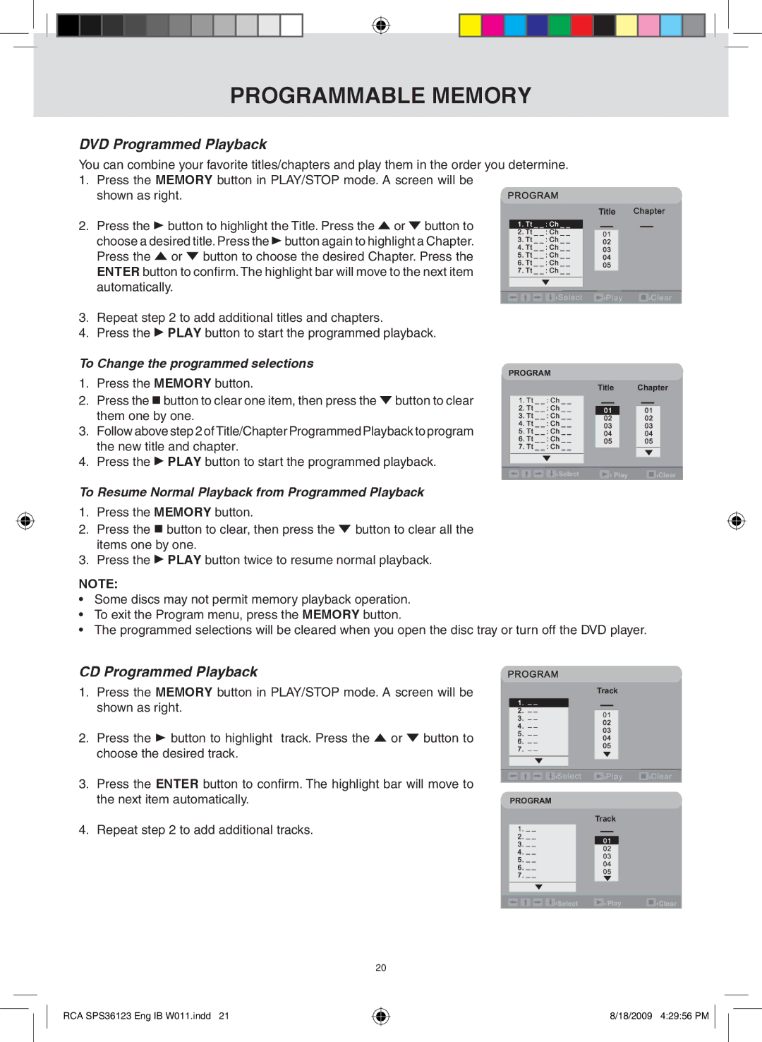 RCA SPS36123 Programmable Memory, DVD Programmed Playback, CD Programmed Playback, To Change the programmed selections 