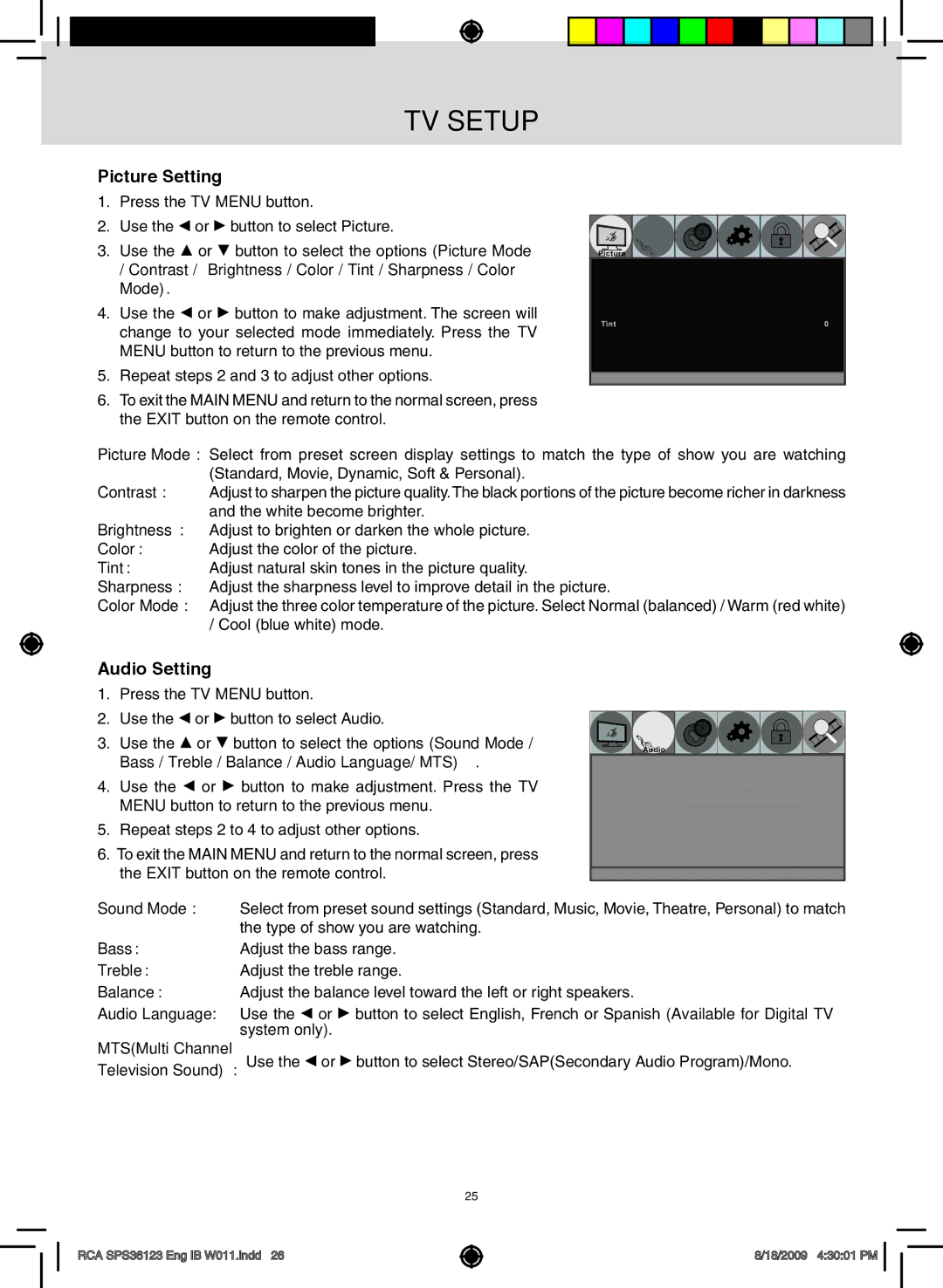 RCA SPS36123 owner manual TV setup, Picture Setting, Audio Setting, MTSMulti Channel 