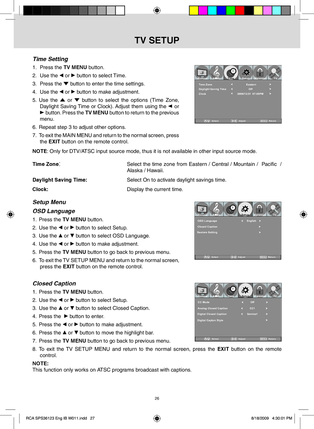 RCA SPS36123 owner manual Time Setting, Setup Menu OSD Language, Closed Caption 