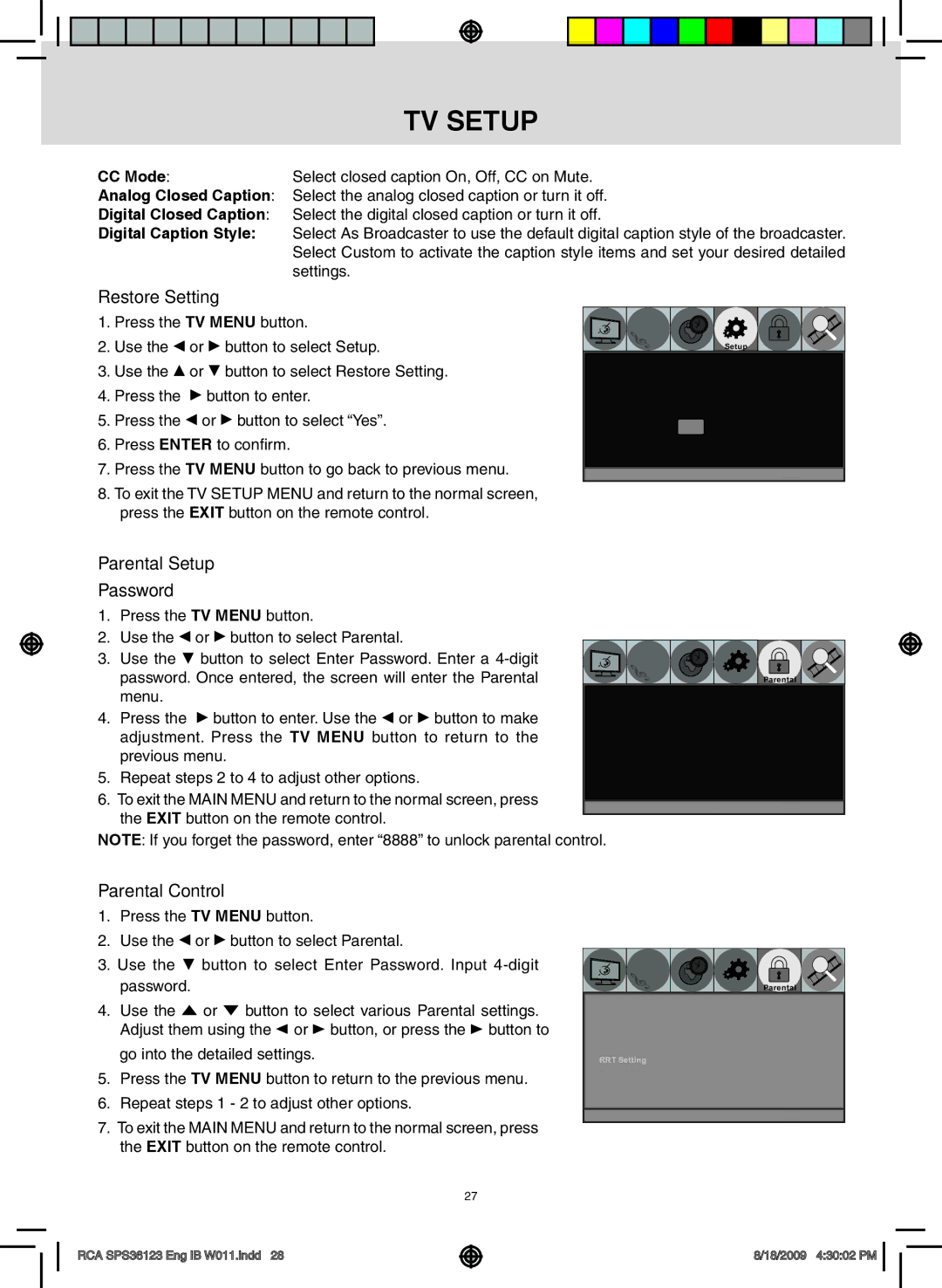 RCA SPS36123 owner manual Restore Setting, Parental Setup Password, Parental Control 