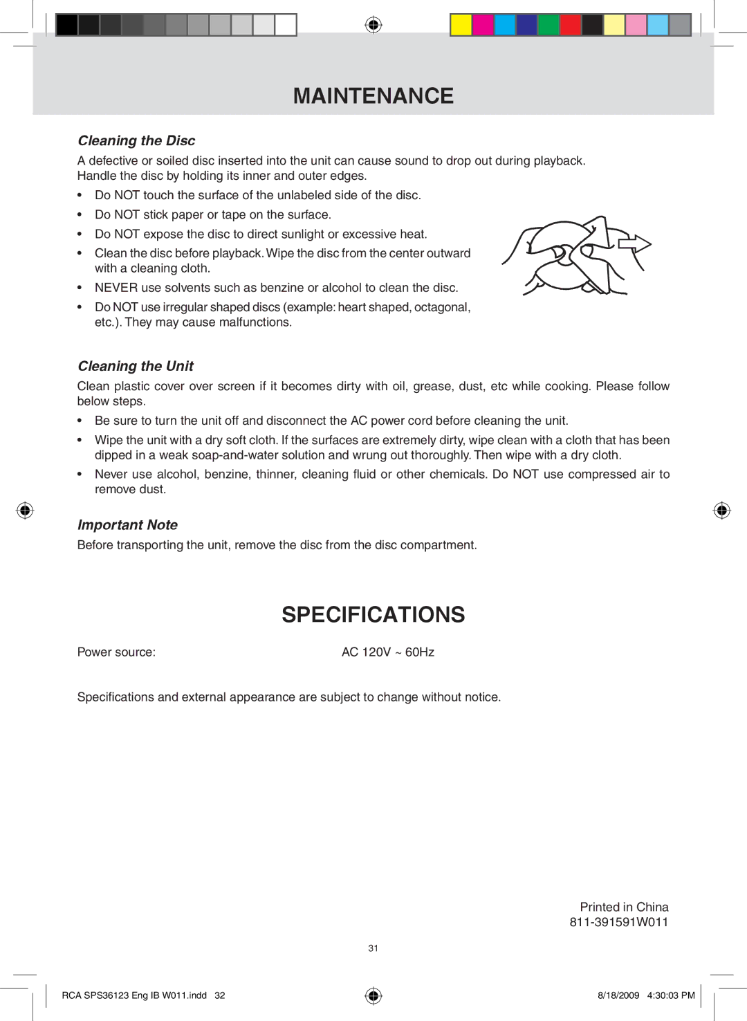 RCA SPS36123 owner manual Maintenance, Specifications, Cleaning the Disc, Cleaning the unit, Important Note 