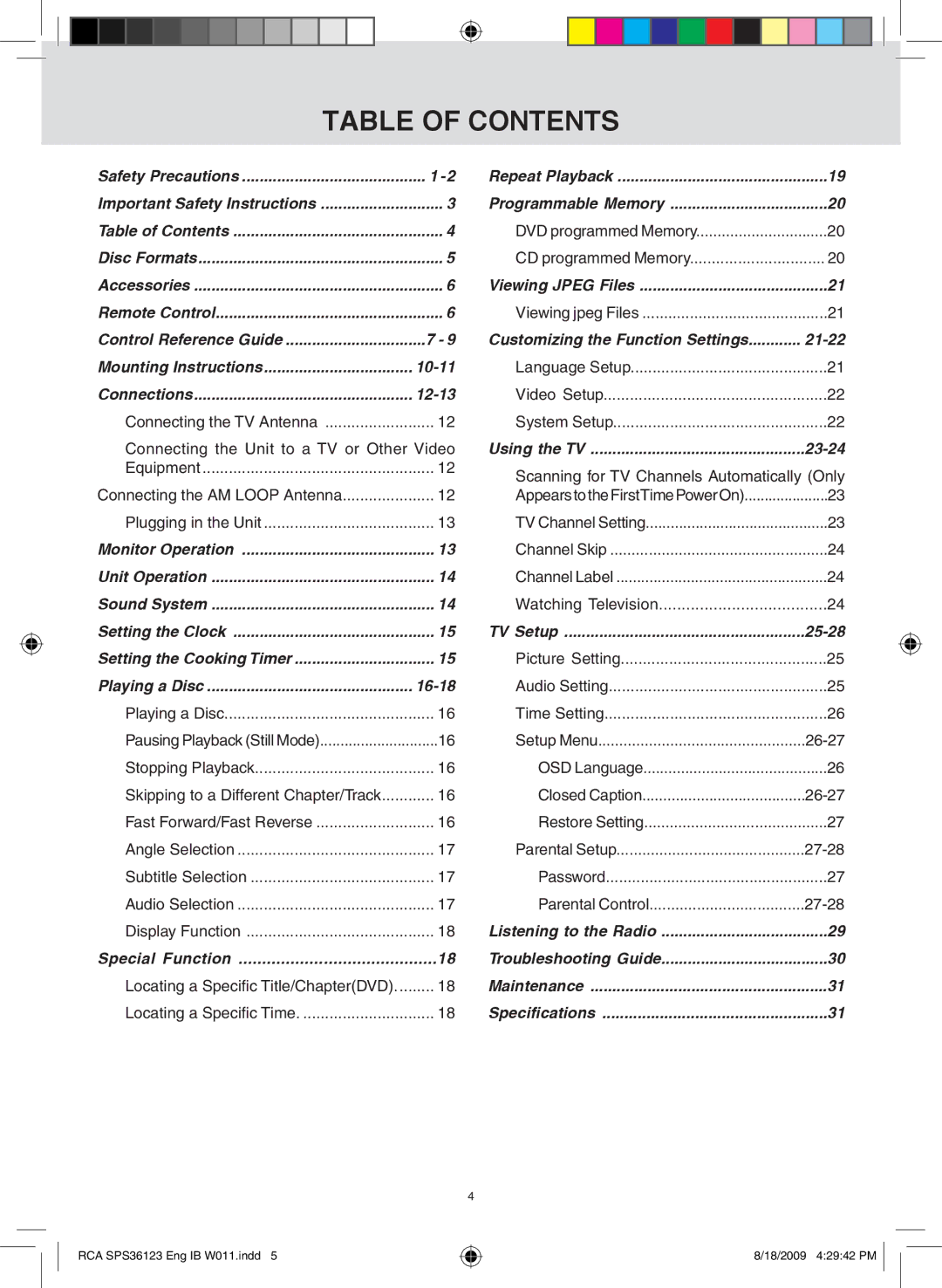 RCA SPS36123 owner manual Table of Contents 