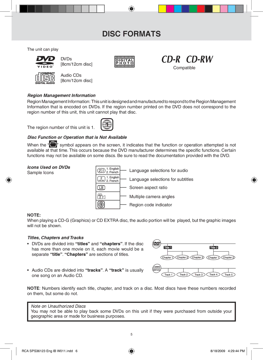 RCA SPS36123 owner manual Disc Formats, Region Management Information, Disc Function or Operation that is Not Available 