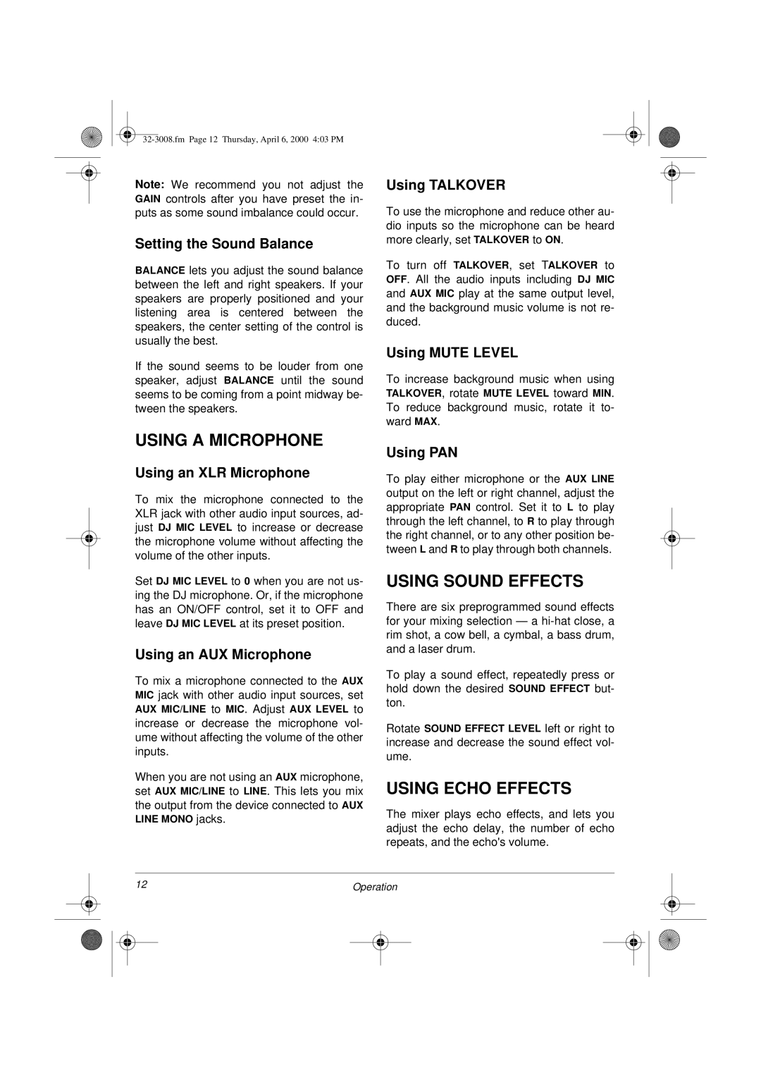 RCA SSM-1750 owner manual Using a Microphone, Using Sound Effects, Using Echo Effects 