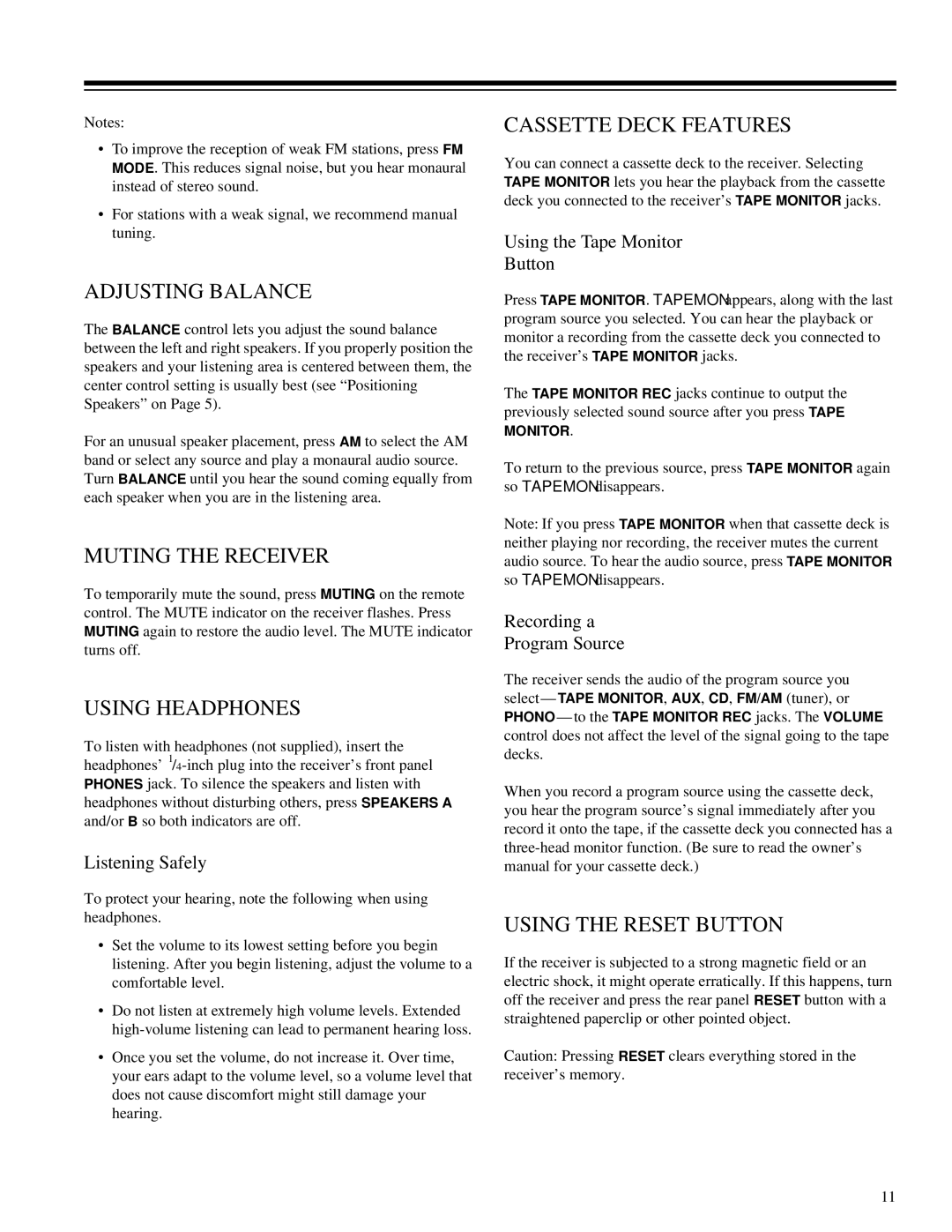 RCA STA-3850 Adjusting Balance, Muting the Receiver, Using Headphones, Cassette Deck Features, Using the Reset Button 