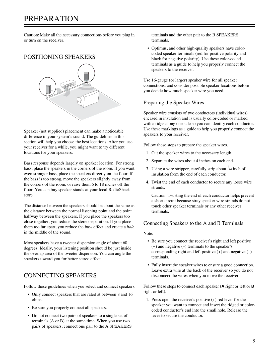 RCA STA-3850 owner manual Preparation, Positioning Speakers, Connecting Speakers, Preparing the Speaker Wires 