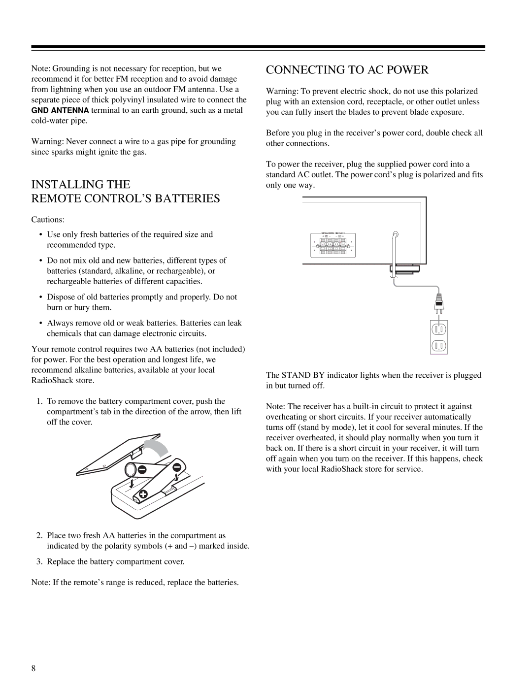 RCA STA-3850 owner manual Installing Remote CONTROL’S Batteries, Connecting to AC Power 