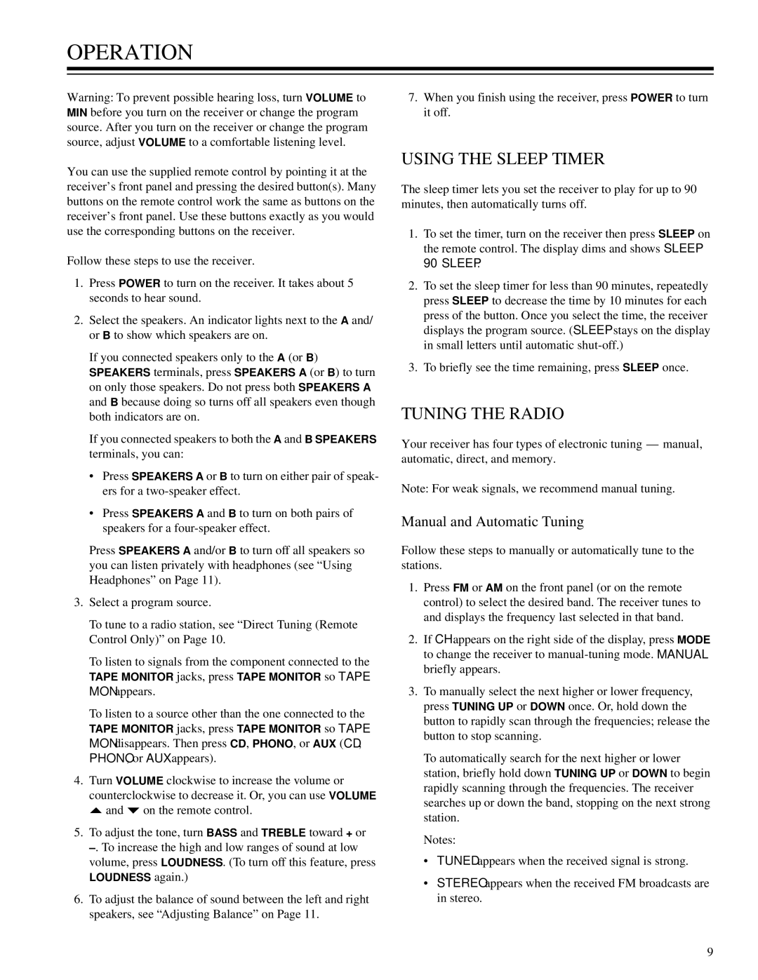 RCA STA-3850 owner manual Operation, Using the Sleep Timer, Tuning the Radio, Manual and Automatic Tuning 