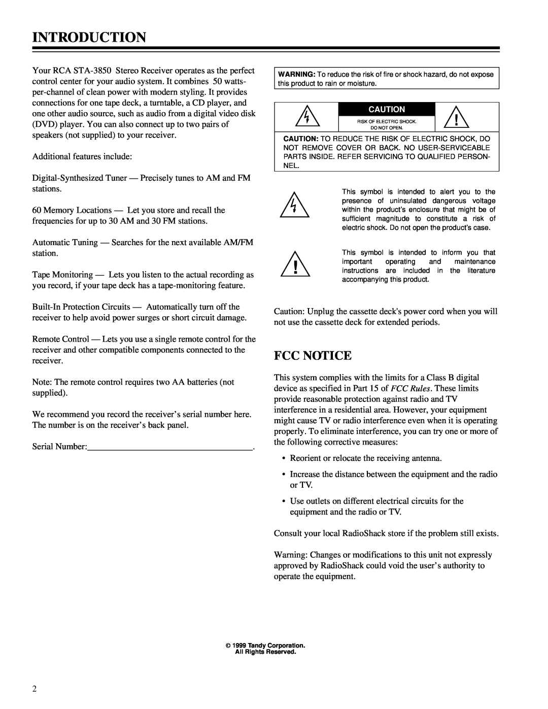 RCA STA-3850 owner manual Introduction, Fcc Notice 