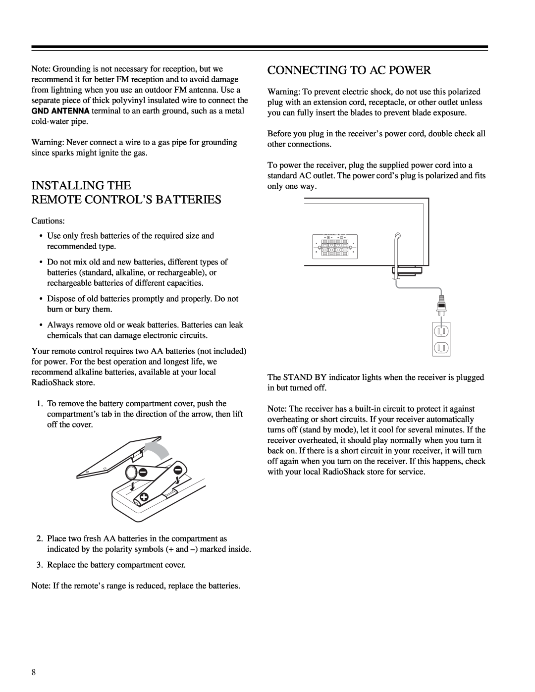 RCA STA-3850 owner manual Installing The Remote Control’S Batteries, Connecting To Ac Power 