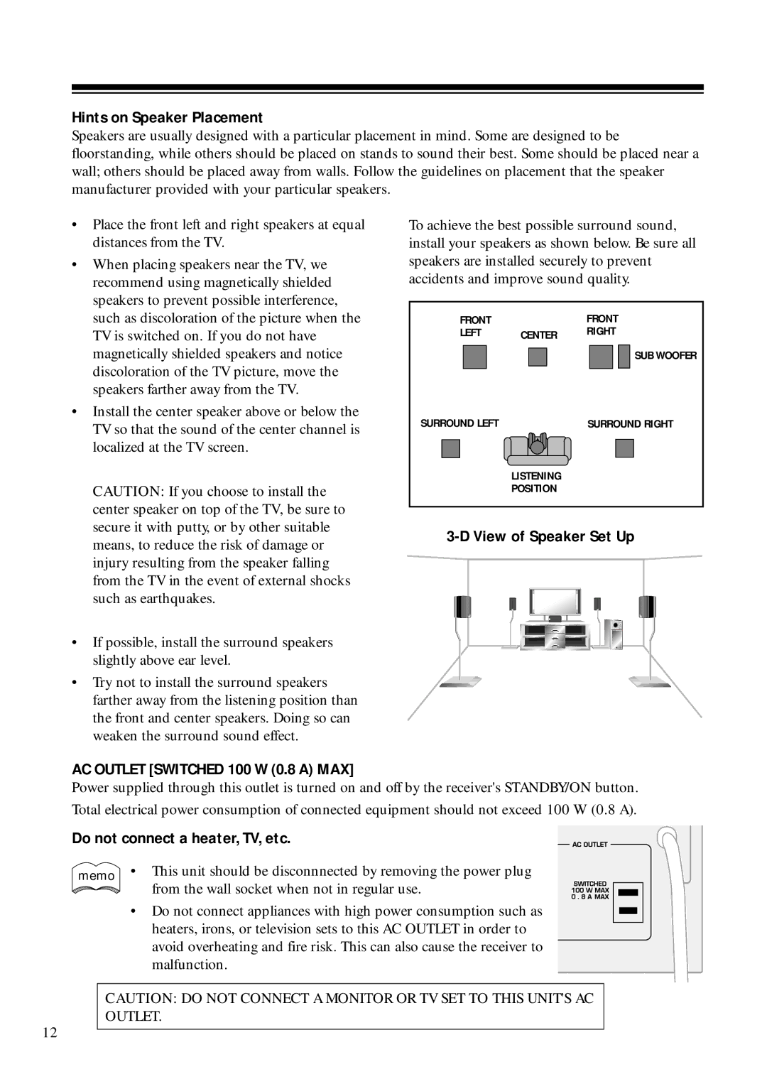 RCA STAV3860 owner manual Hints on Speaker Placement, View of Speaker Set Up, AC Outlet Switched 100 W 0.8 a MAX 