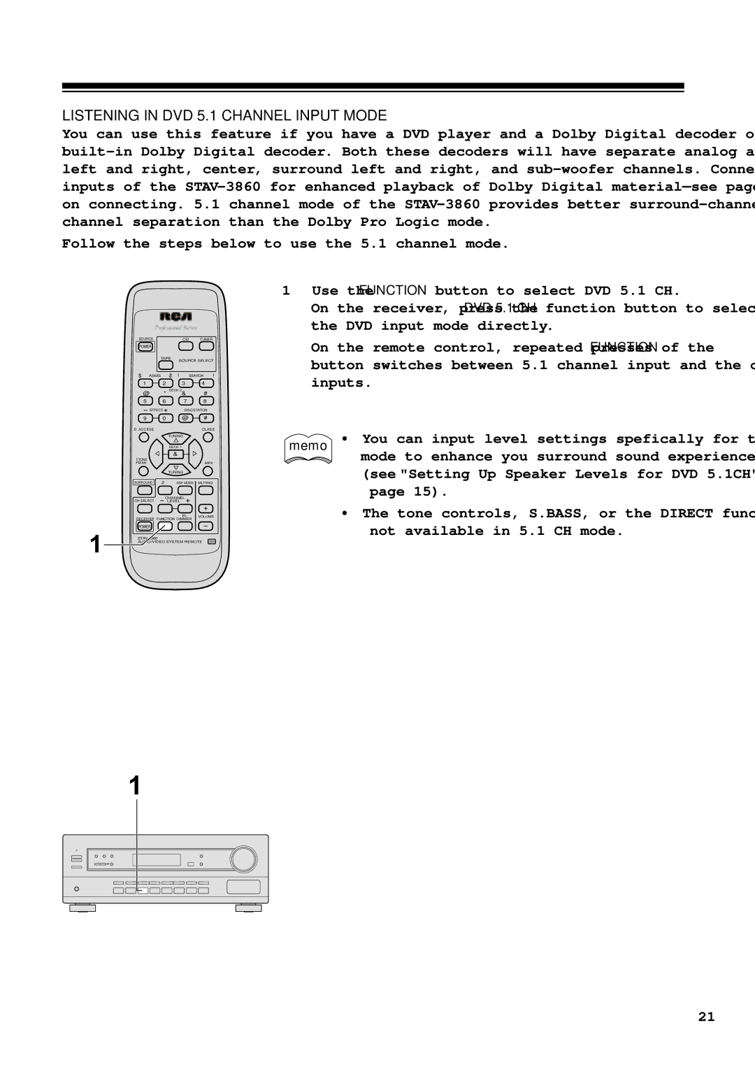 RCA STAV3860 owner manual Listening in DVD 5.1 Channel Input Mode 