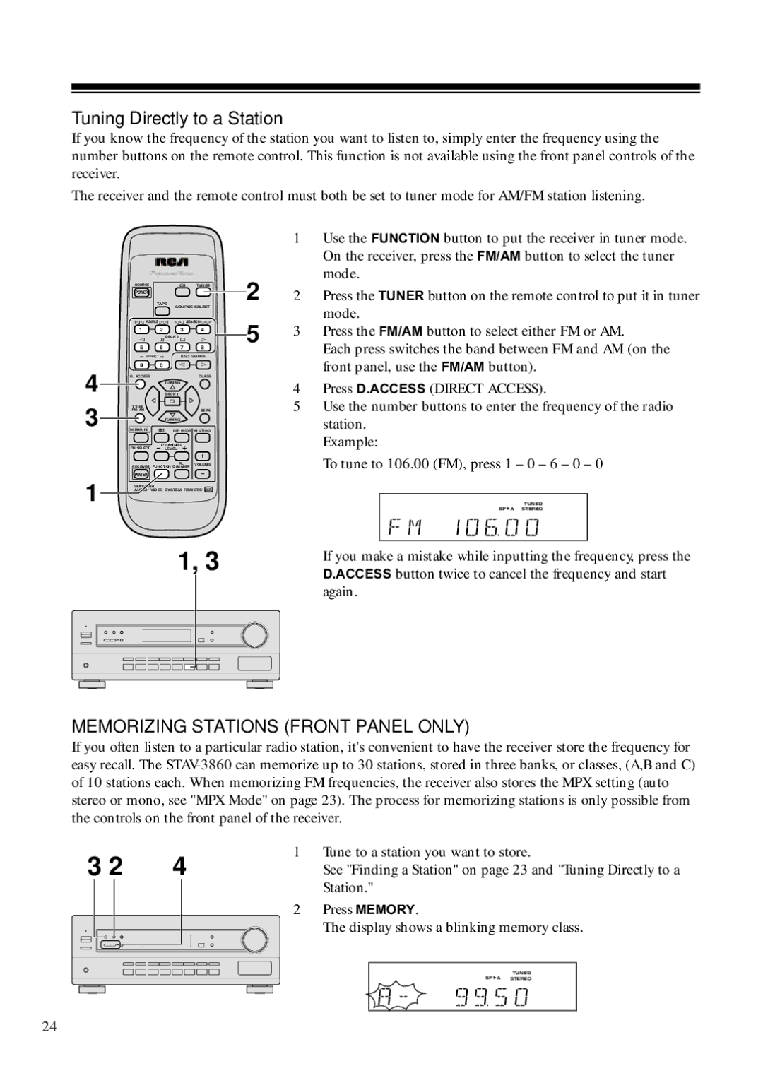 RCA STAV3860 owner manual Tuning Directly to a Station, Memorizing Stations Front Panel only 