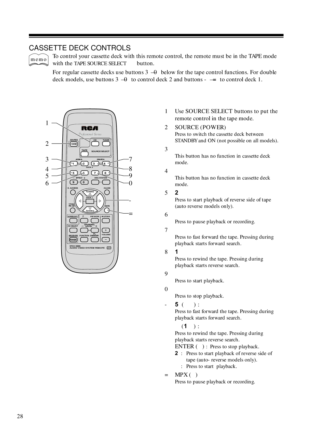 RCA STAV3860 owner manual Cassette Deck Controls, = Mpx 