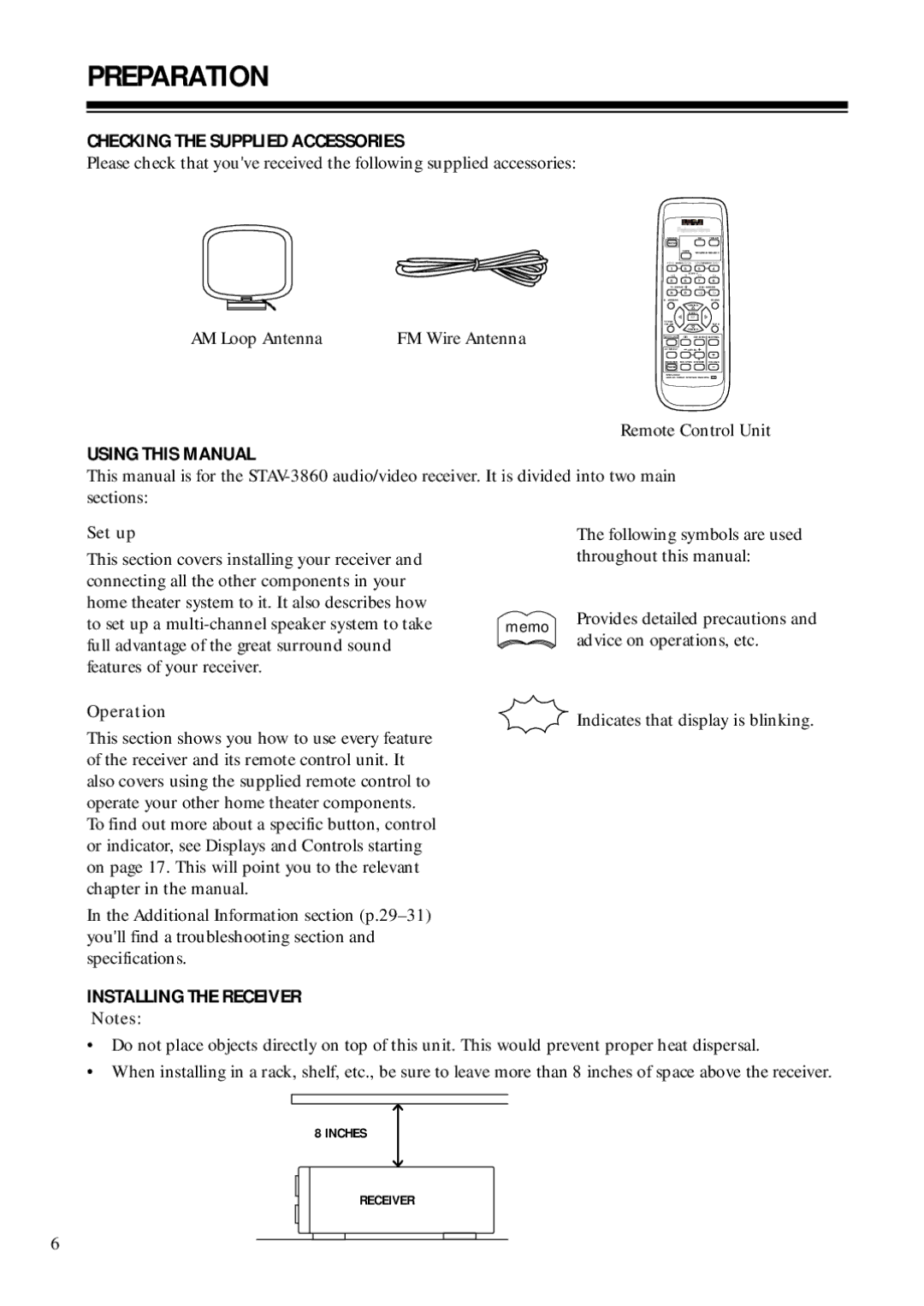 RCA STAV3860 owner manual Preparation, Checking the Supplied Accessories, Using this Manual, Installing the Receiver 