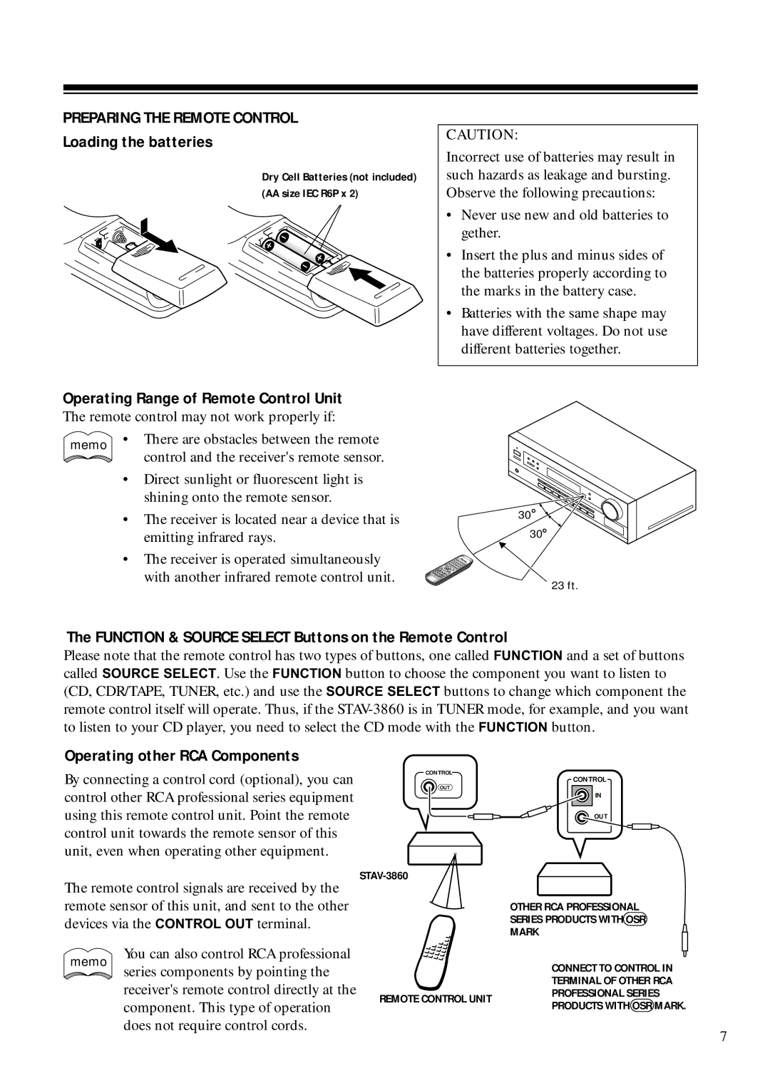 RCA STAV3860 Preparing the Remote Control, Loading the batteries, Function & Source Select Buttons on the Remote Control 