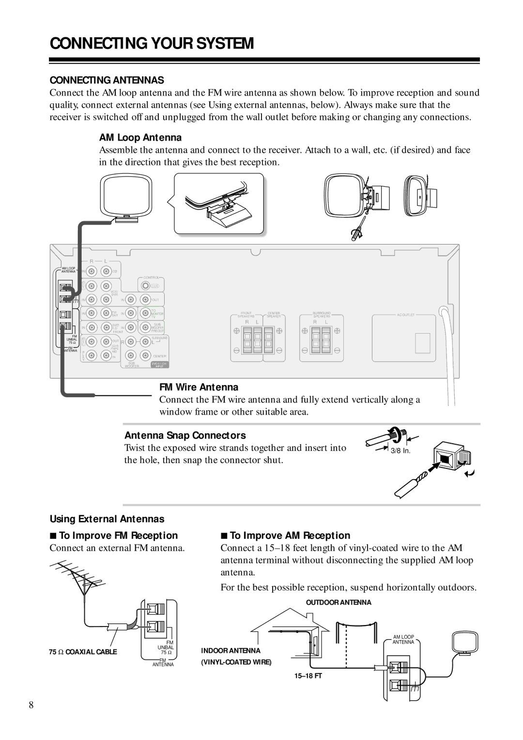 RCA STAV3860 Connecting Your System, Connecting Antennas, AM Loop Antenna, FM Wire Antenna, Antenna Snap Connectors 