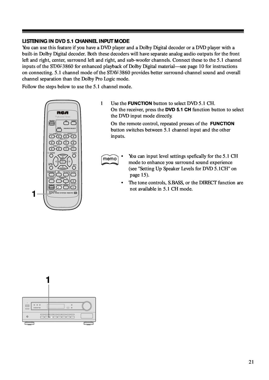RCA STAV3860 owner manual LISTENING IN DVD 5.1 CHANNEL INPUT MODE 