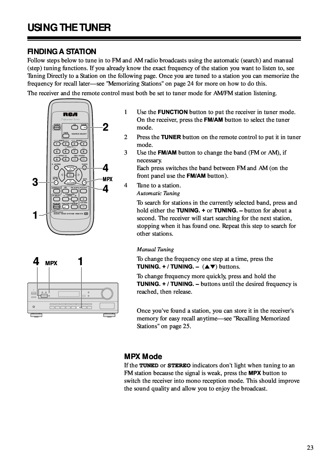 RCA STAV3860 owner manual Using The Tuner, Finding A Station, MPX Mode, Manual Tuning 