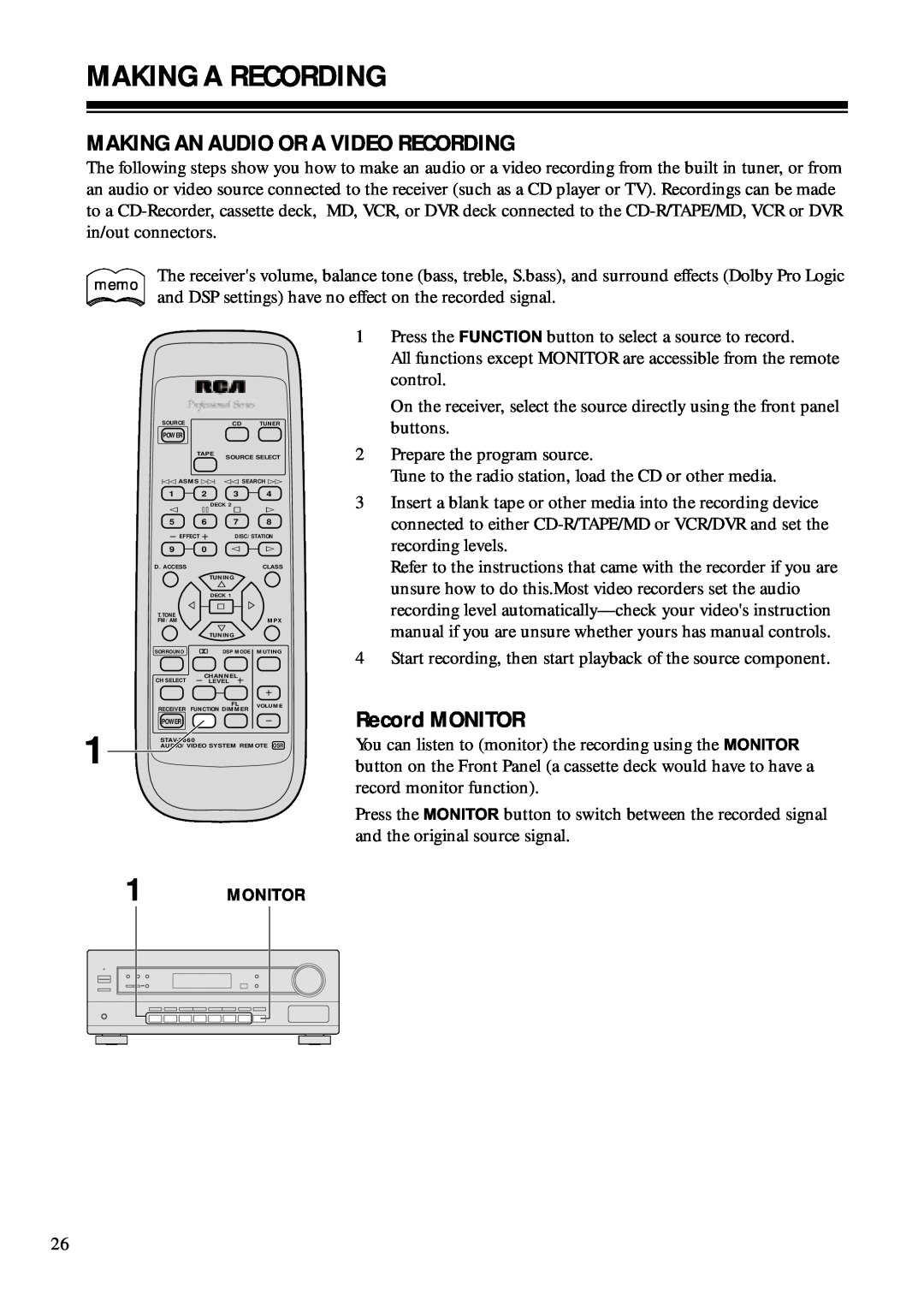 RCA STAV3860 owner manual Making A Recording, Making An Audio Or A Video Recording, Record MONITOR 