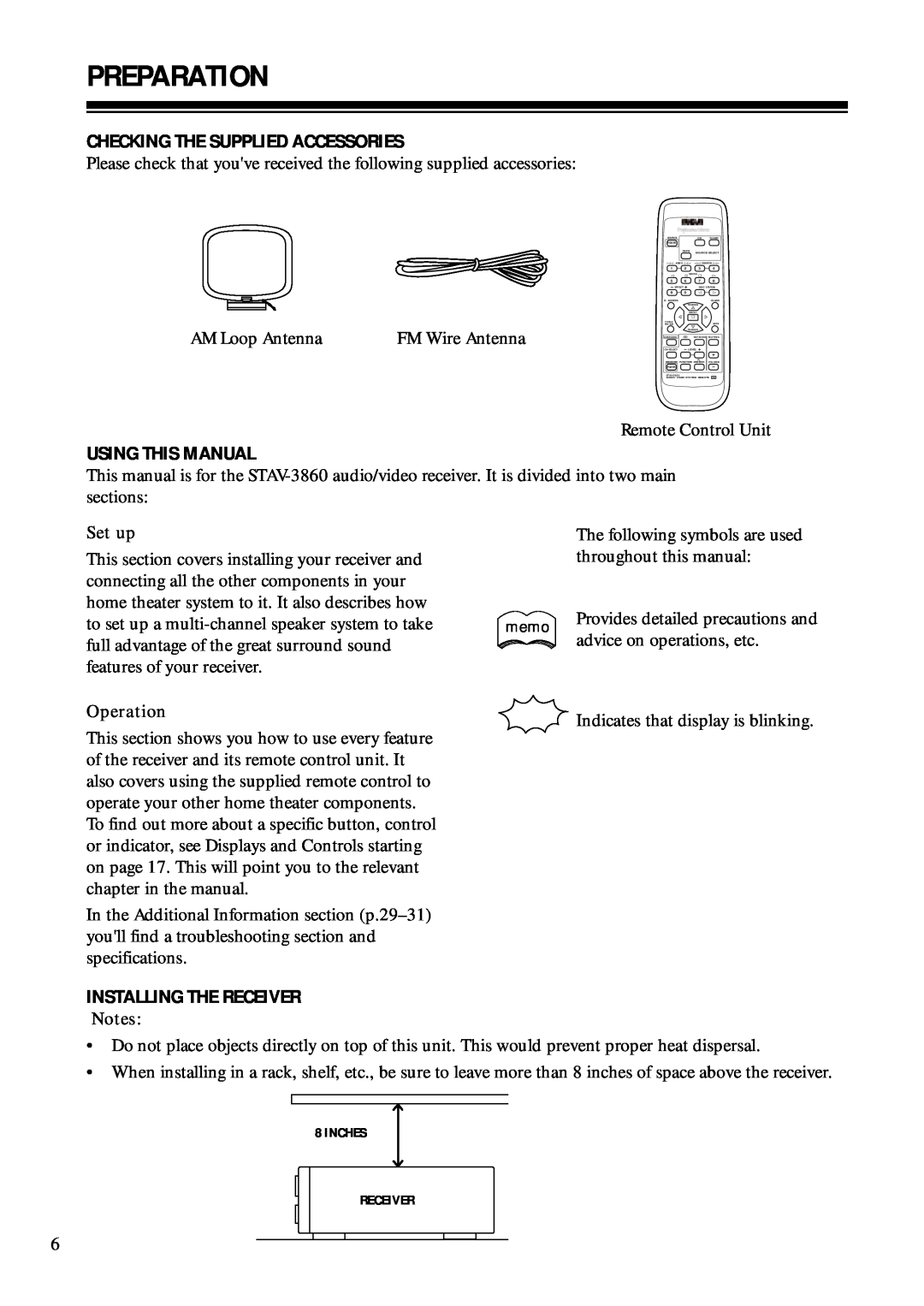 RCA STAV3860 owner manual Preparation, Checking The Supplied Accessories, Using This Manual, Installing The Receiver 