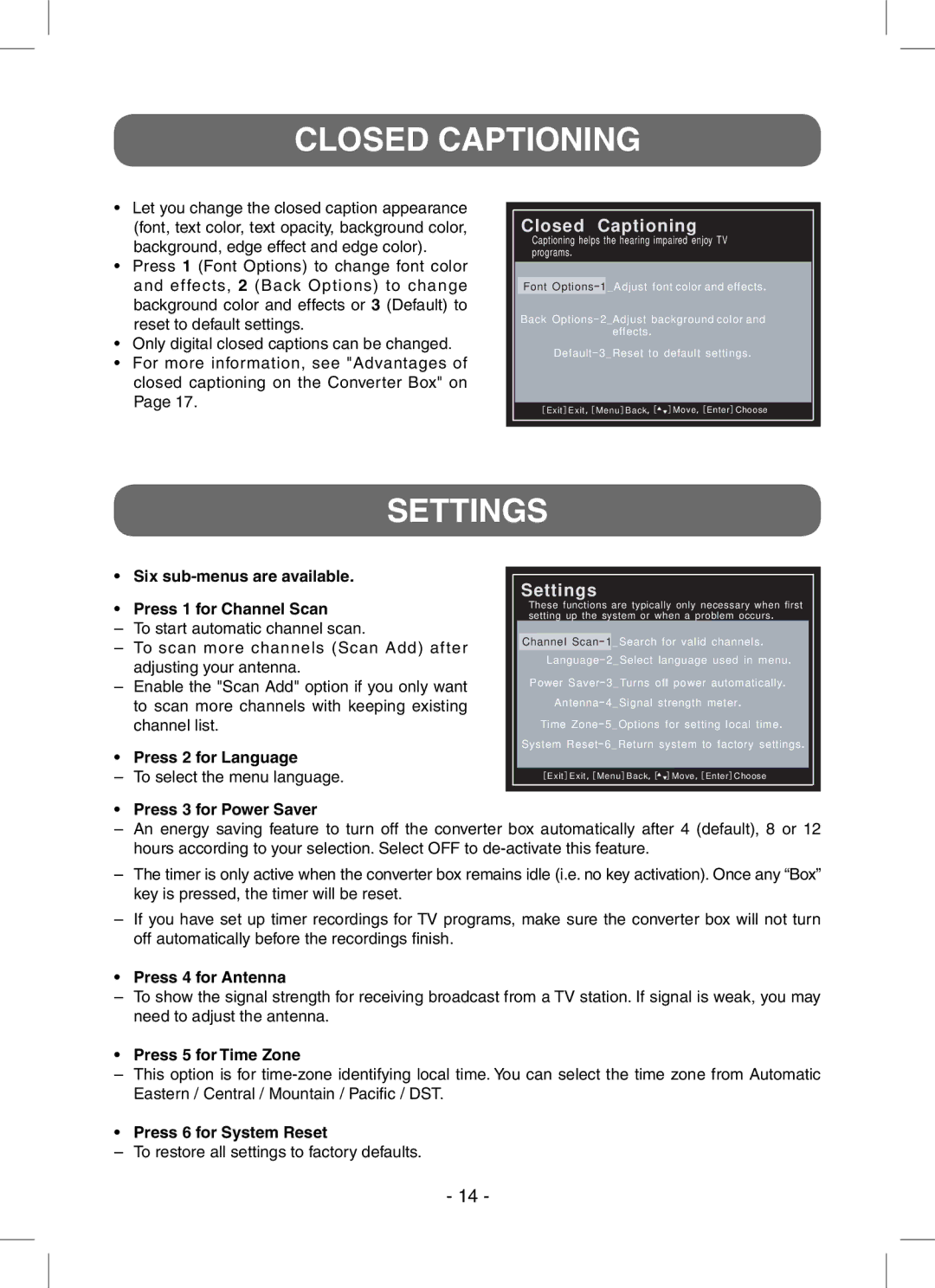 RCA STB7766C user manual Closed Captioning, Settings 