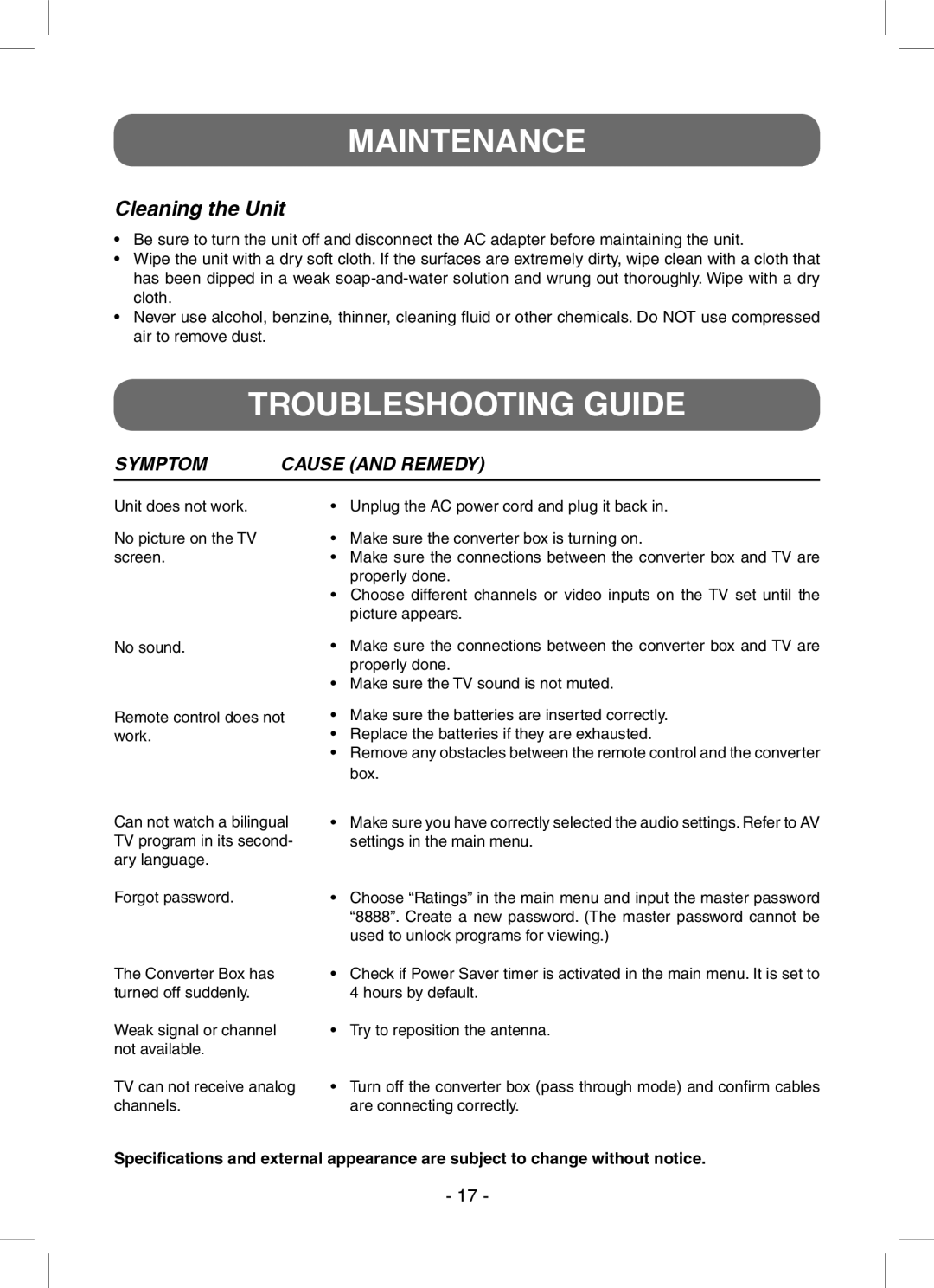 RCA STB7766C user manual Maintenance, Troubleshooting Guide, Cleaning the Unit 