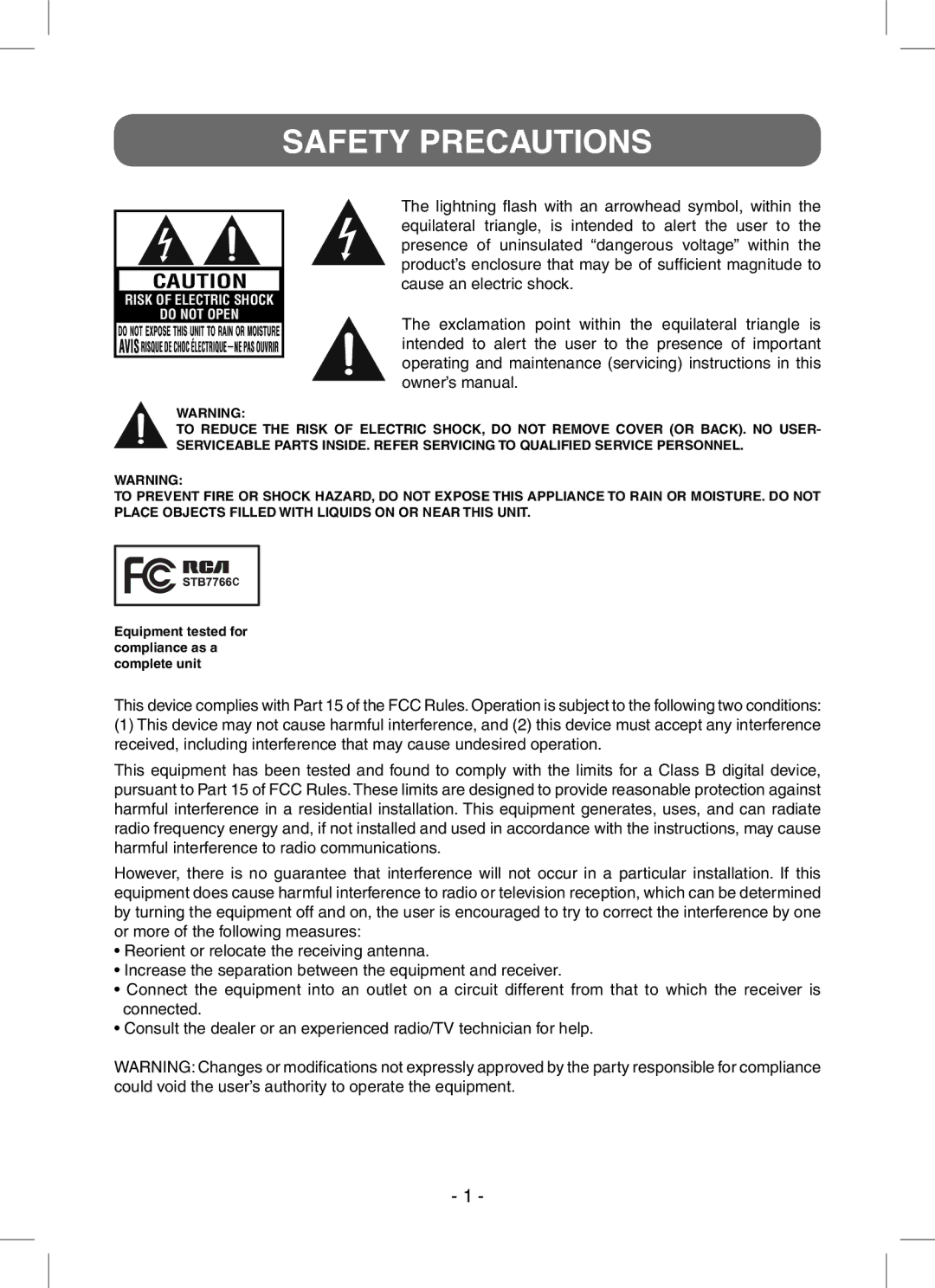 RCA STB7766C user manual Safety Precautions 