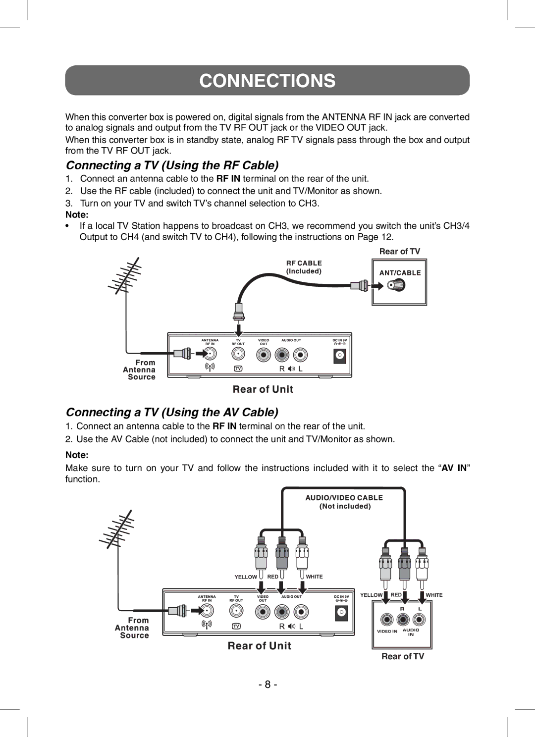 RCA STB7766C user manual Connections, Connecting a TV Using the RF Cable, Connecting a TV Using the AV Cable 