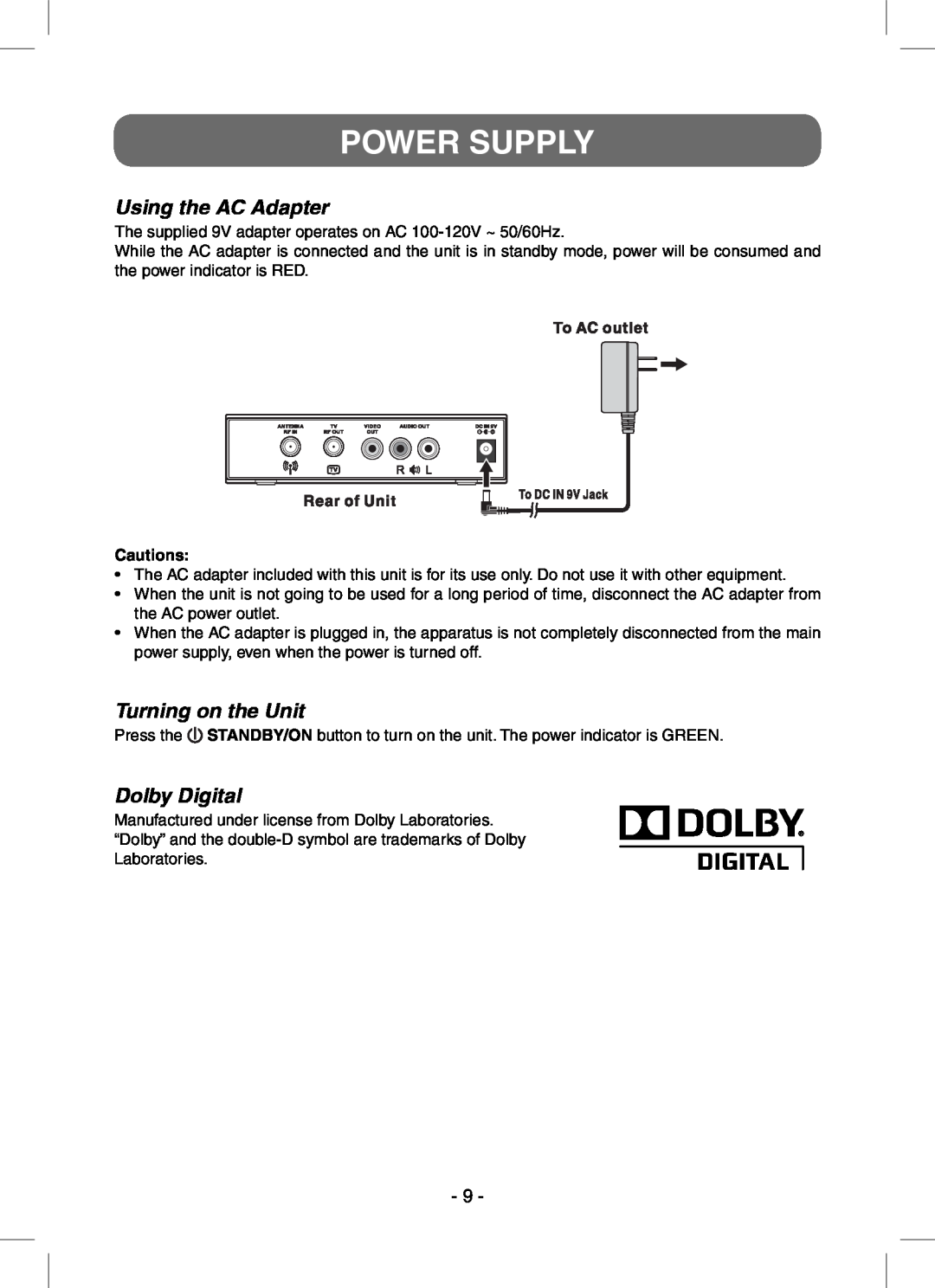 RCA STB7766C user manual Power Supply, Using the AC Adapter, Turning on the Unit, Dolby Digital, Cautions 