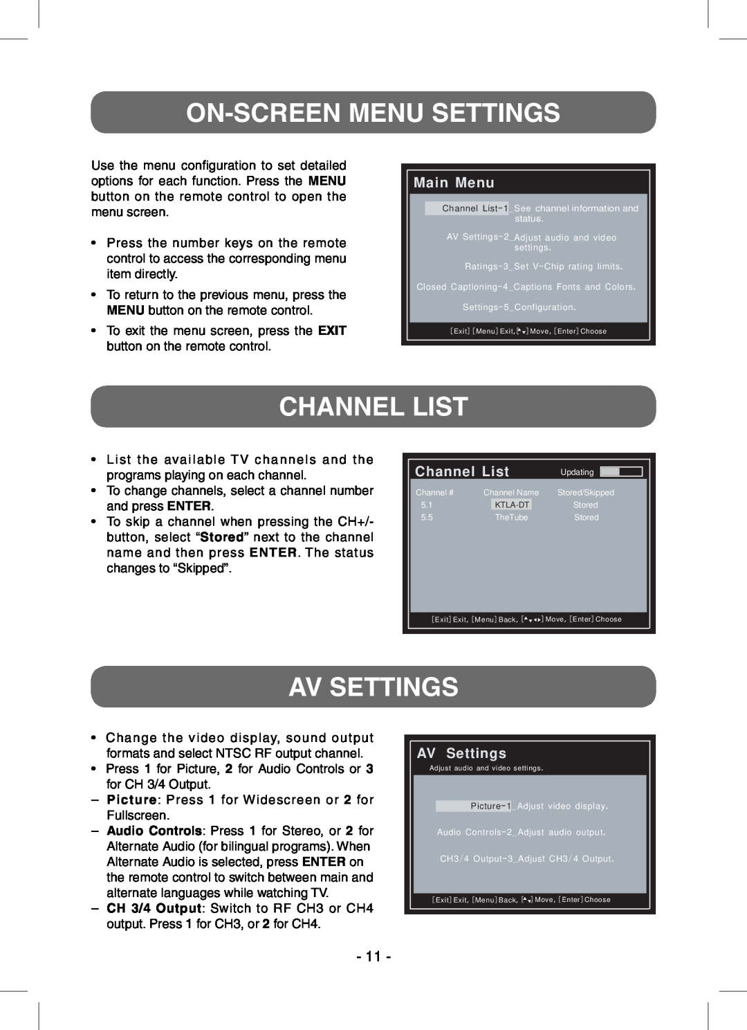 RCA STB7766C user manual On-Screen Menu Settings, Channel List, Av Settings, Main Menu, AV Settings 