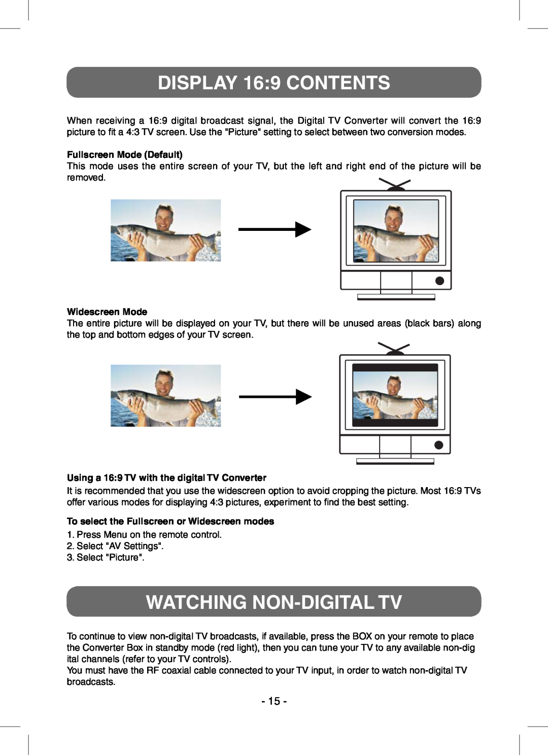 RCA STB7766C user manual DISPLAY 169 CONTENTS, Watching Non-Digital Tv, Fullscreen Mode Default, Widescreen Mode 