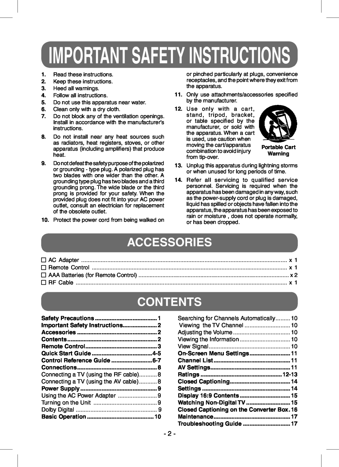 RCA STB7766C Accessories, Contents, Read these instructions, Keep these instructions, Heed all warnings, Portable Cart 