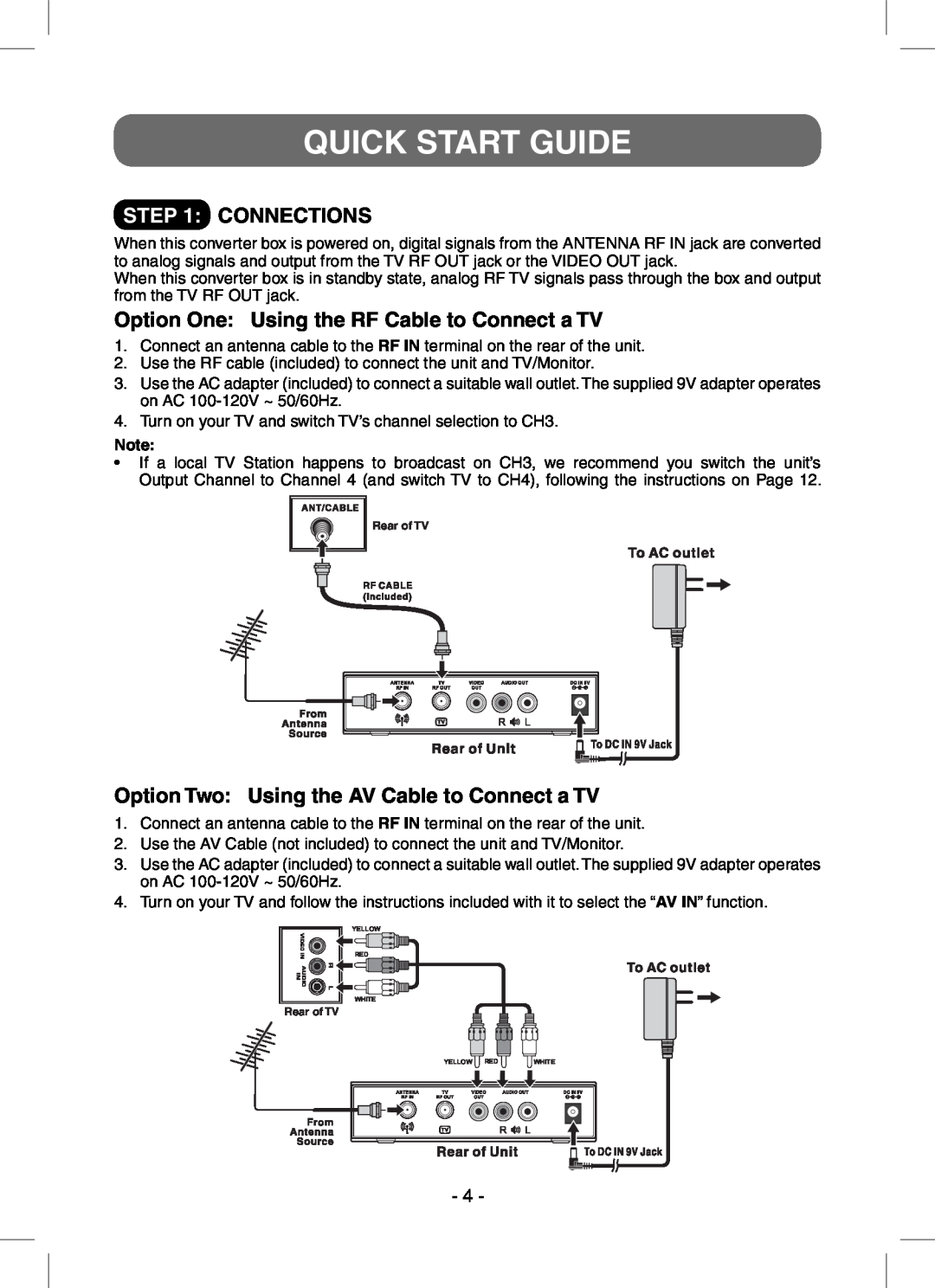 RCA STB7766C user manual Quick Start Guide, Connections, Option One Using the RF Cable to Connect a TV 