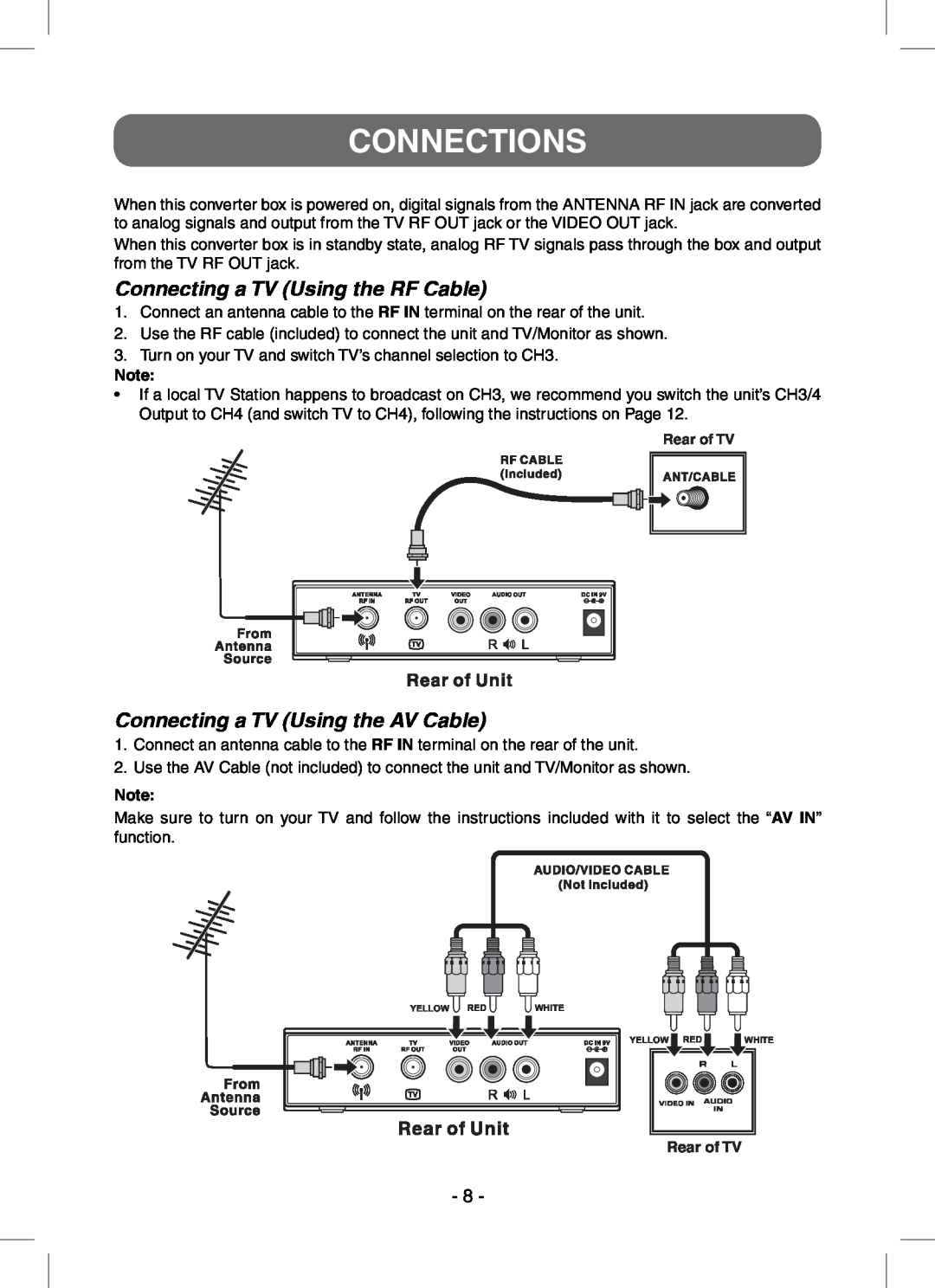 RCA STB7766C user manual Connections, Connecting a TV Using the RF Cable, Connecting a TV Using the AV Cable, Rear of TV 