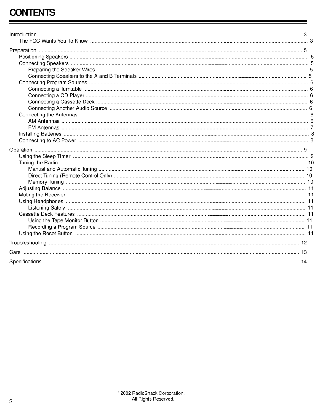 RCA Stereo Receiver with Remote Control owner manual Contents 