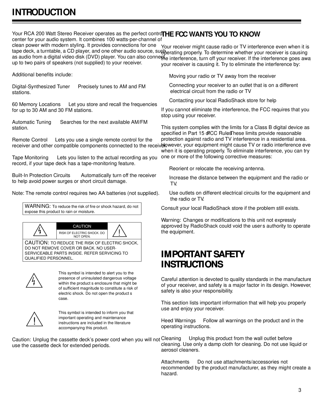 RCA Stereo Receiver with Remote Control owner manual Introduction, Important Safety Instructions, FCC Wants YOU to Know 