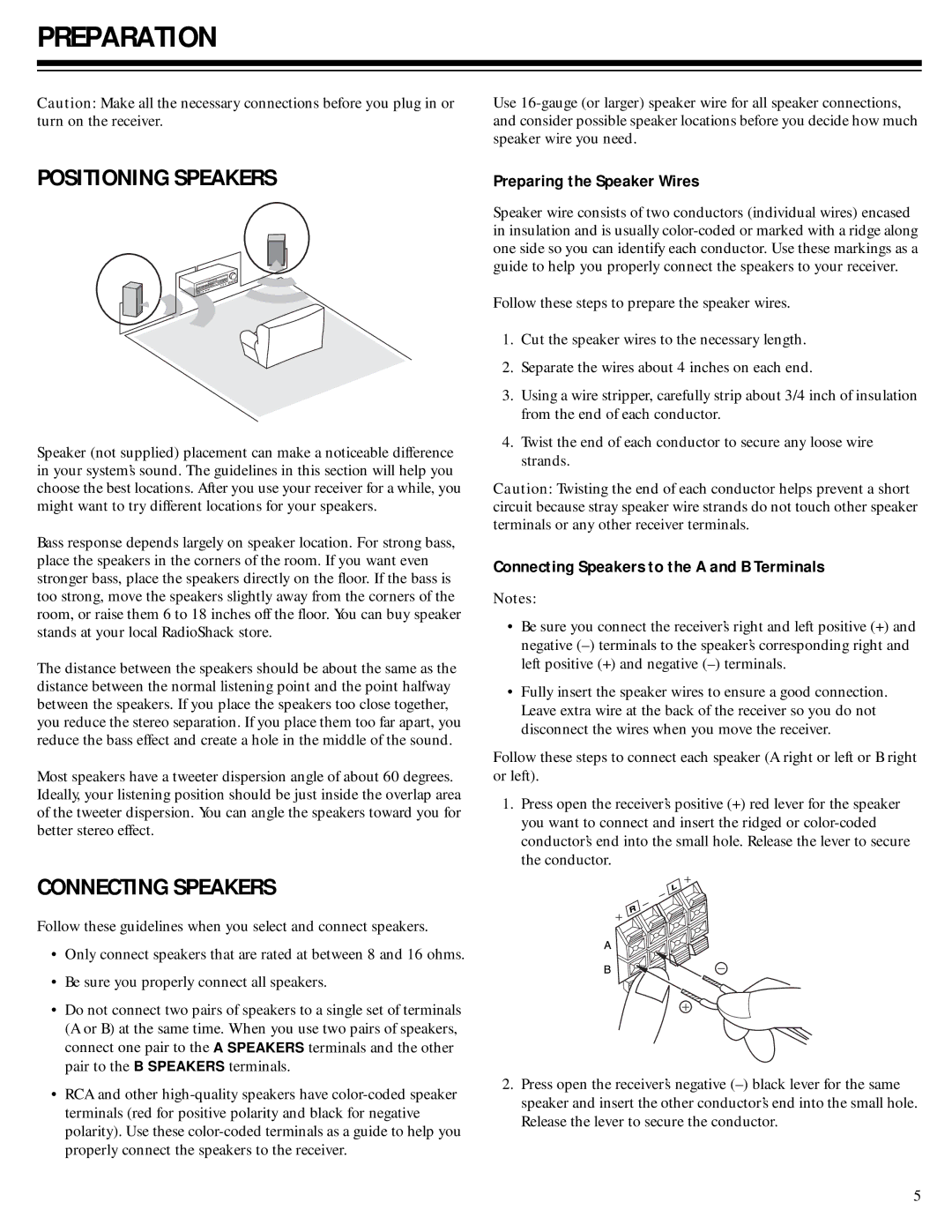 RCA Stereo Receiver with Remote Control owner manual Preparation, Positioning Speakers, Connecting Speakers 