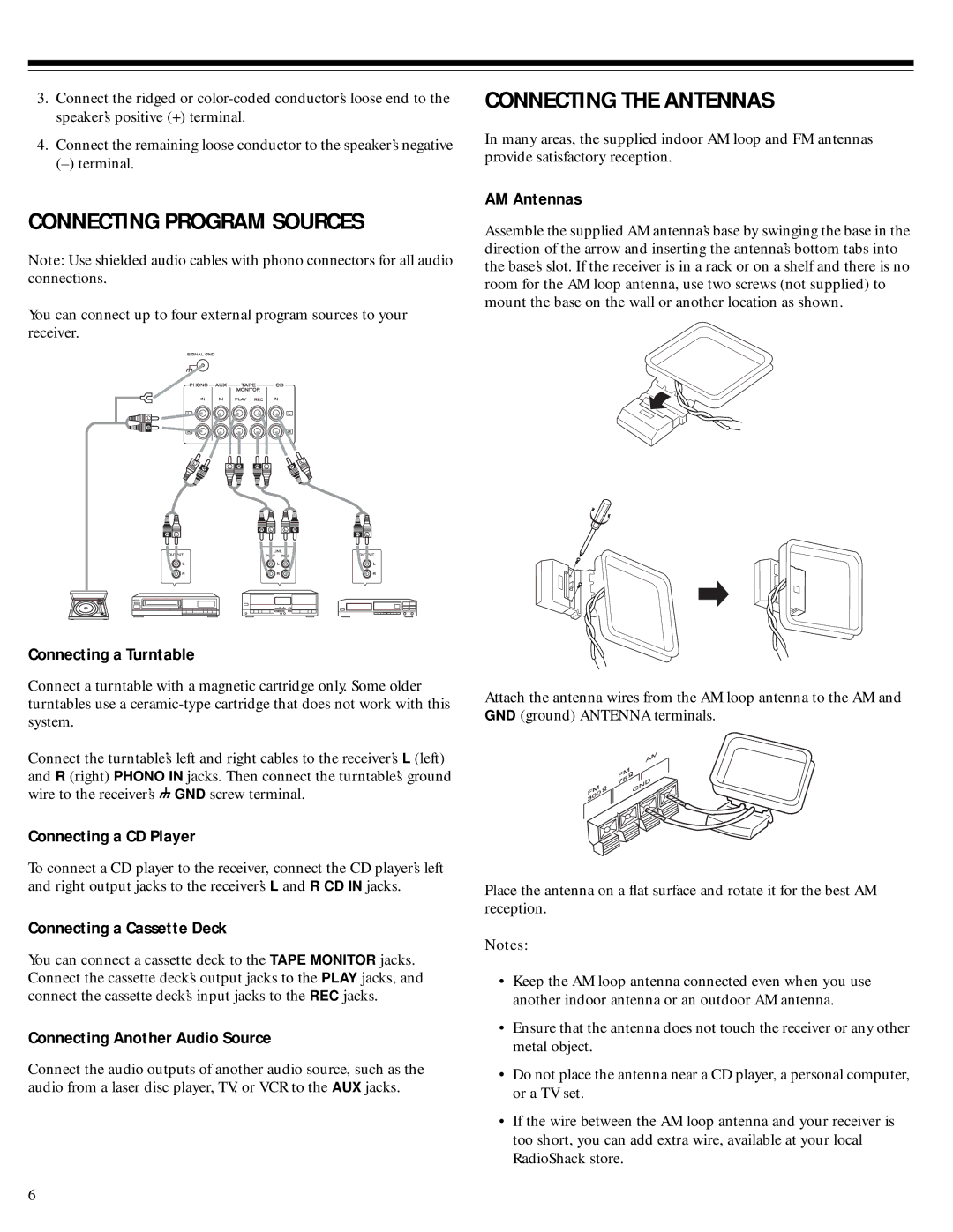 RCA Stereo Receiver with Remote Control owner manual Connecting Program Sources, Connecting the Antennas 