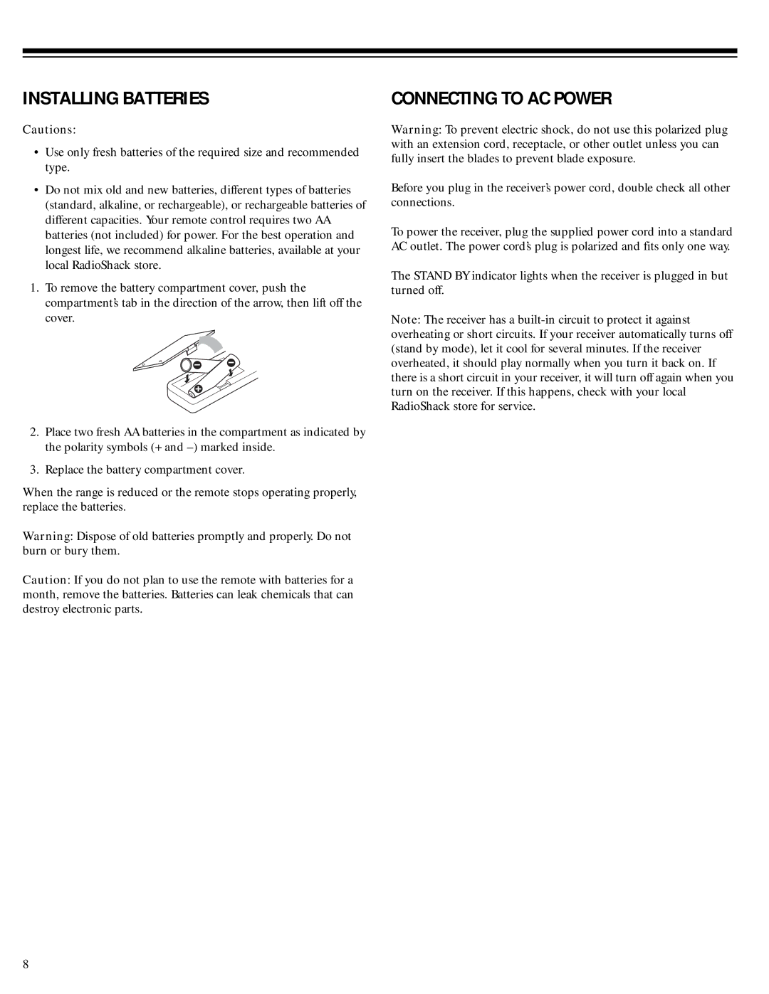 RCA Stereo Receiver with Remote Control owner manual Installing Batteries, Connecting to AC Power 