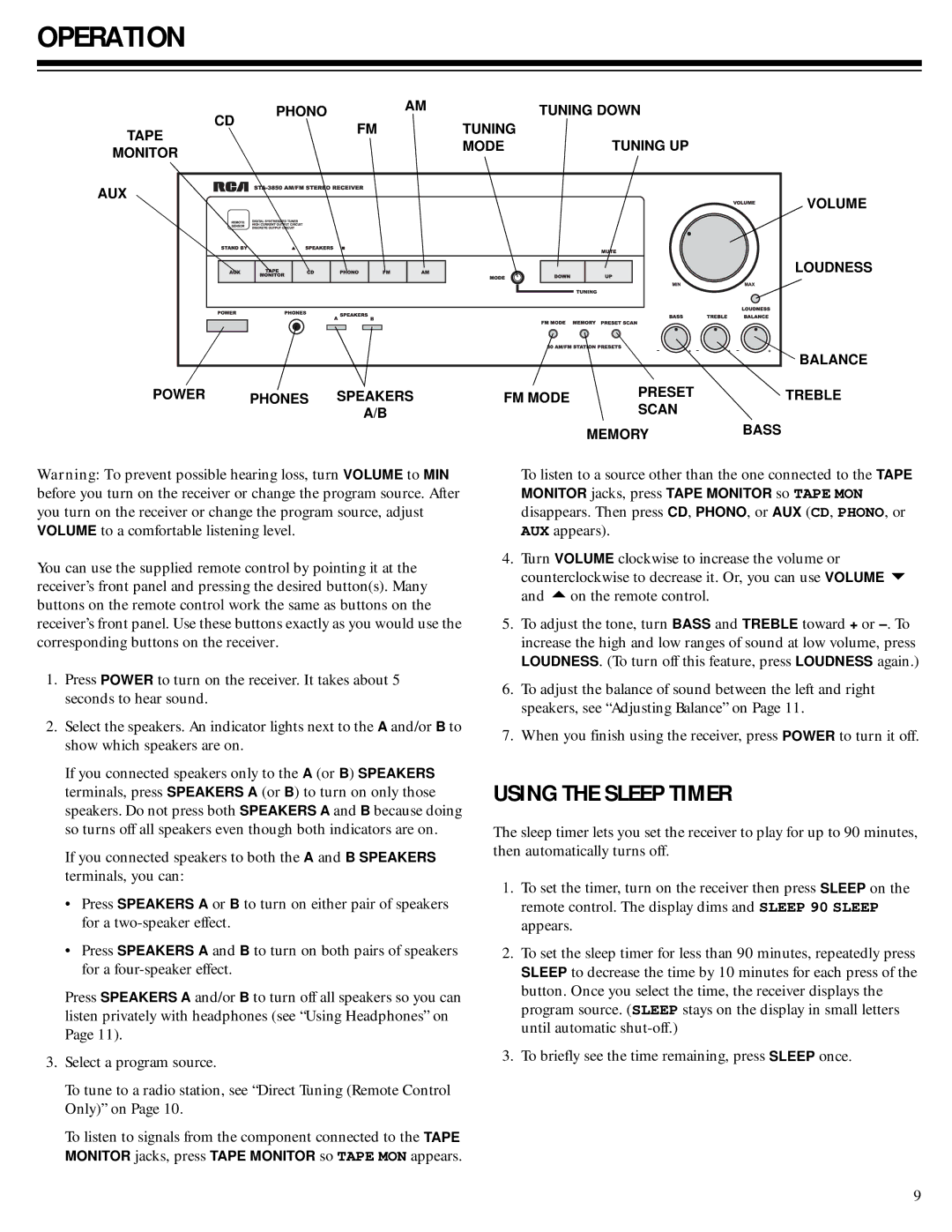 RCA Stereo Receiver with Remote Control owner manual Operation, Using the Sleep Timer 