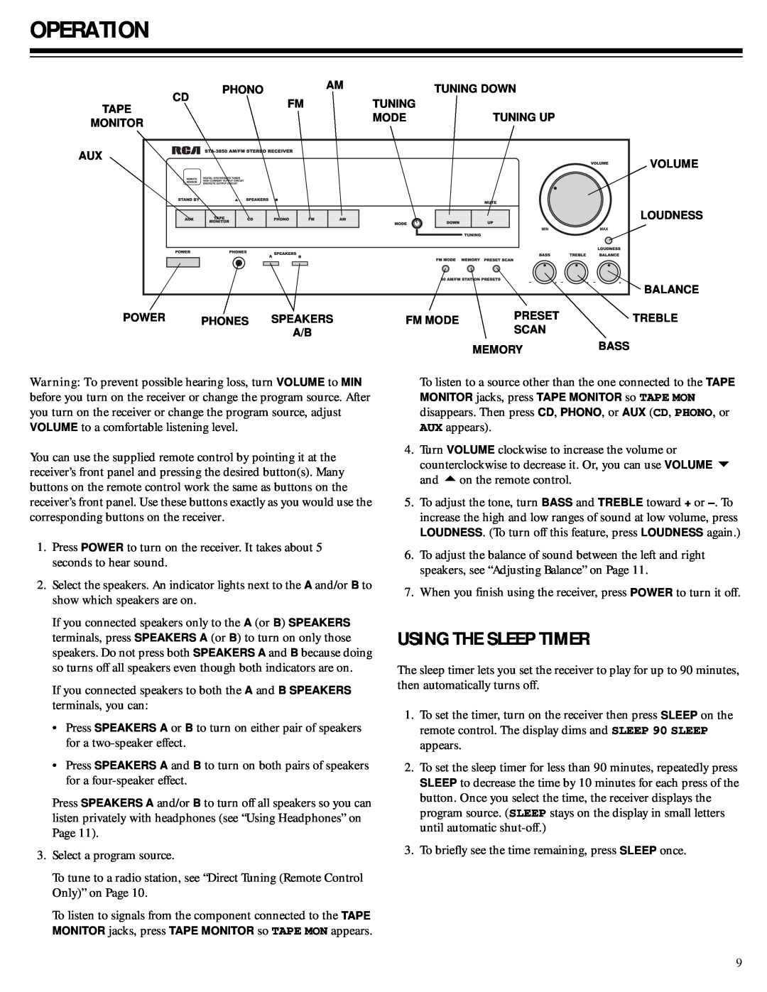 RCA Stereo Receiver with Remote Control owner manual Operation, Using The Sleep Timer 