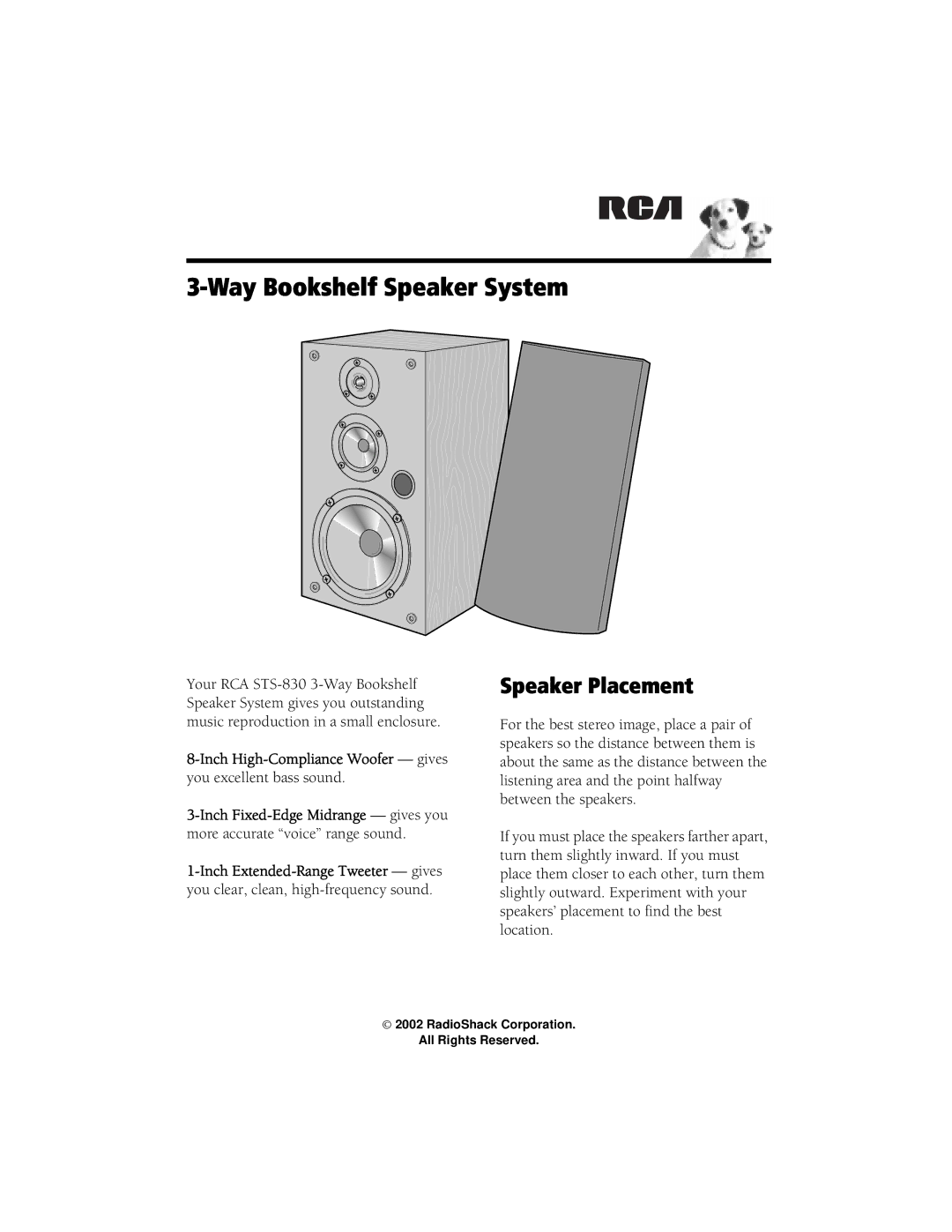 RCA STS-830 manual Way Bookshelf Speaker System, Speaker Placement 