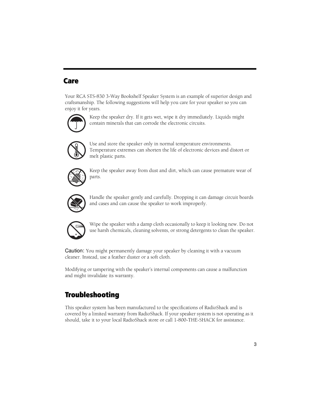 RCA STS-830 manual Care, Troubleshooting 