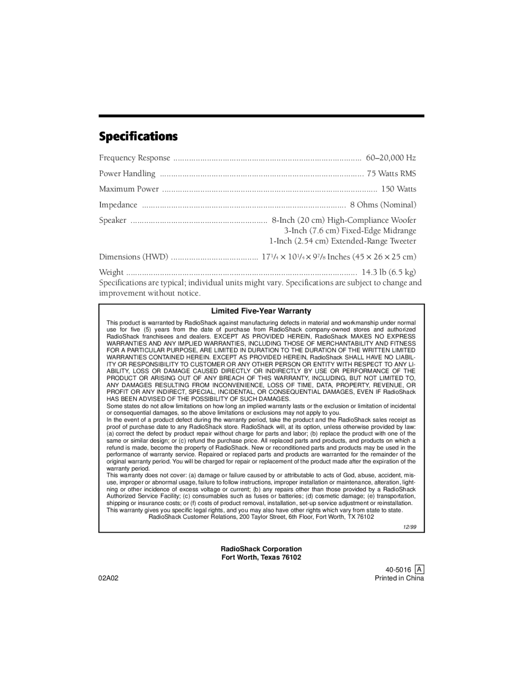 RCA STS-830 manual Specifications, Limited Five-Year Warranty 