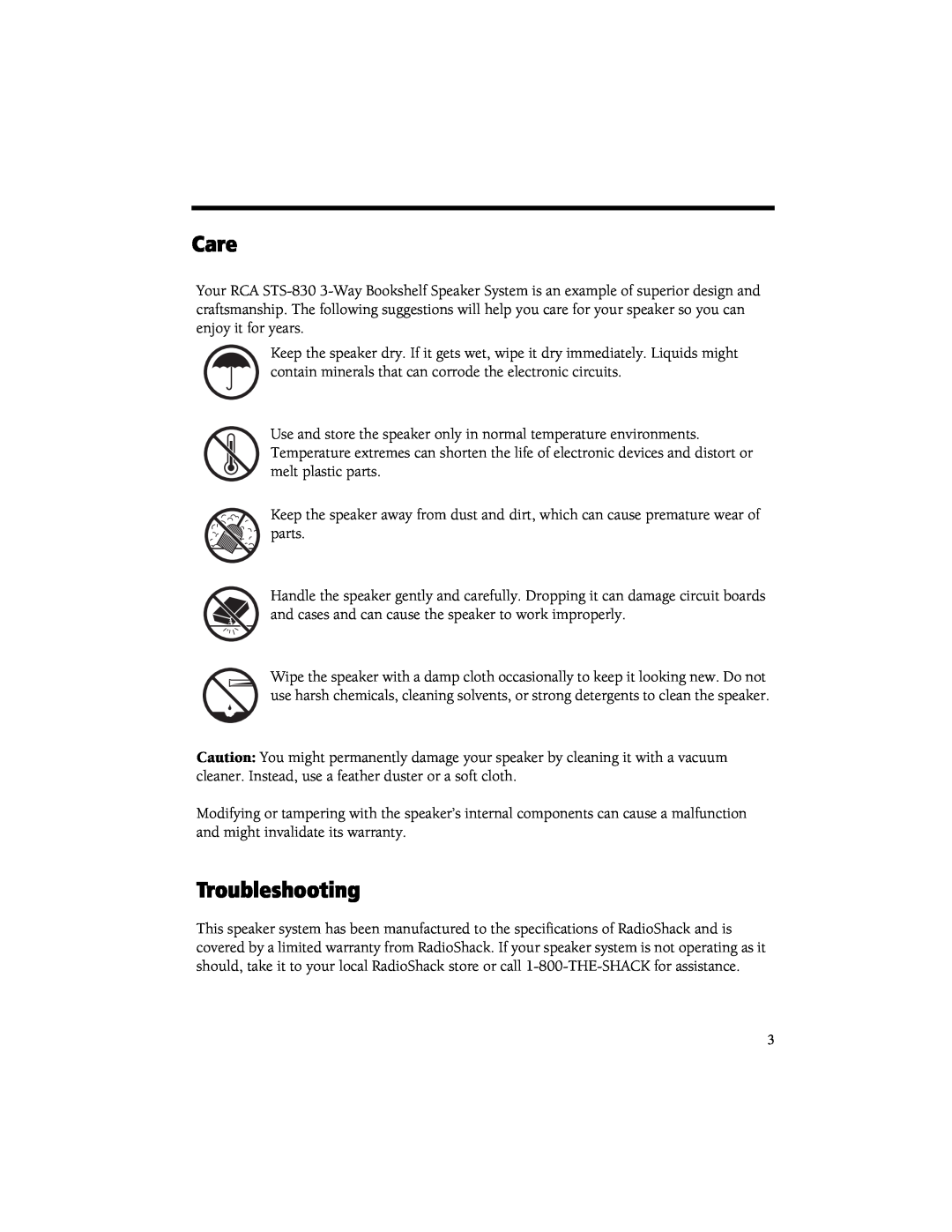 RCA STS-830 manual Care, Troubleshooting 