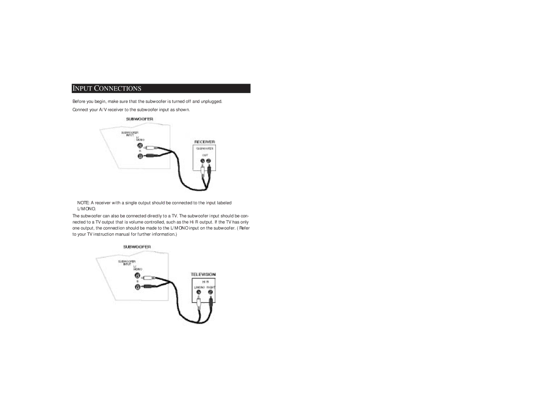 RCA SUBWOOFER & SATELLITE SPEAKERS warranty Input Connections, Connect your A/V receiver to the subwoofer input as shown 