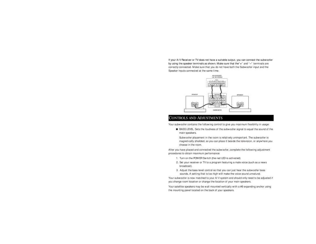 RCA SUBWOOFER & SATELLITE SPEAKERS warranty Controls and Adjustments 